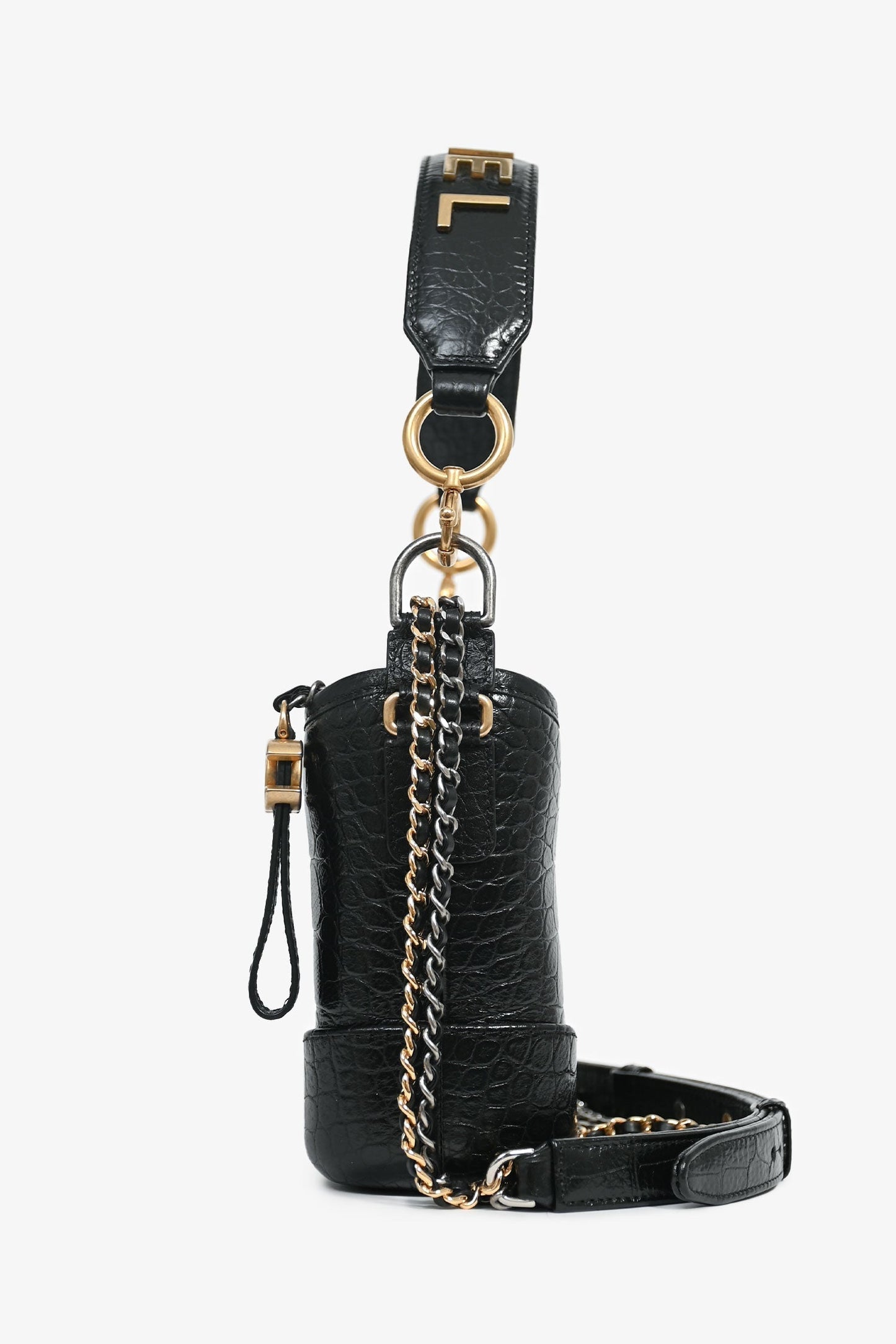 Chanel 2019-20 Black Croc Embossed Leather Medium Gabrielle Crossbody Bag with Logo Strap