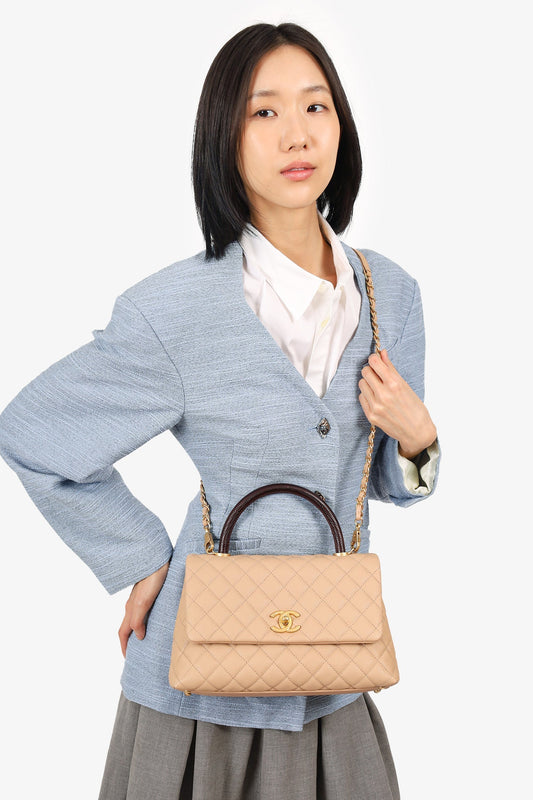 Chanel 2019-20 Beige Caviar Leather Small Coco Handle with Strap Handbag