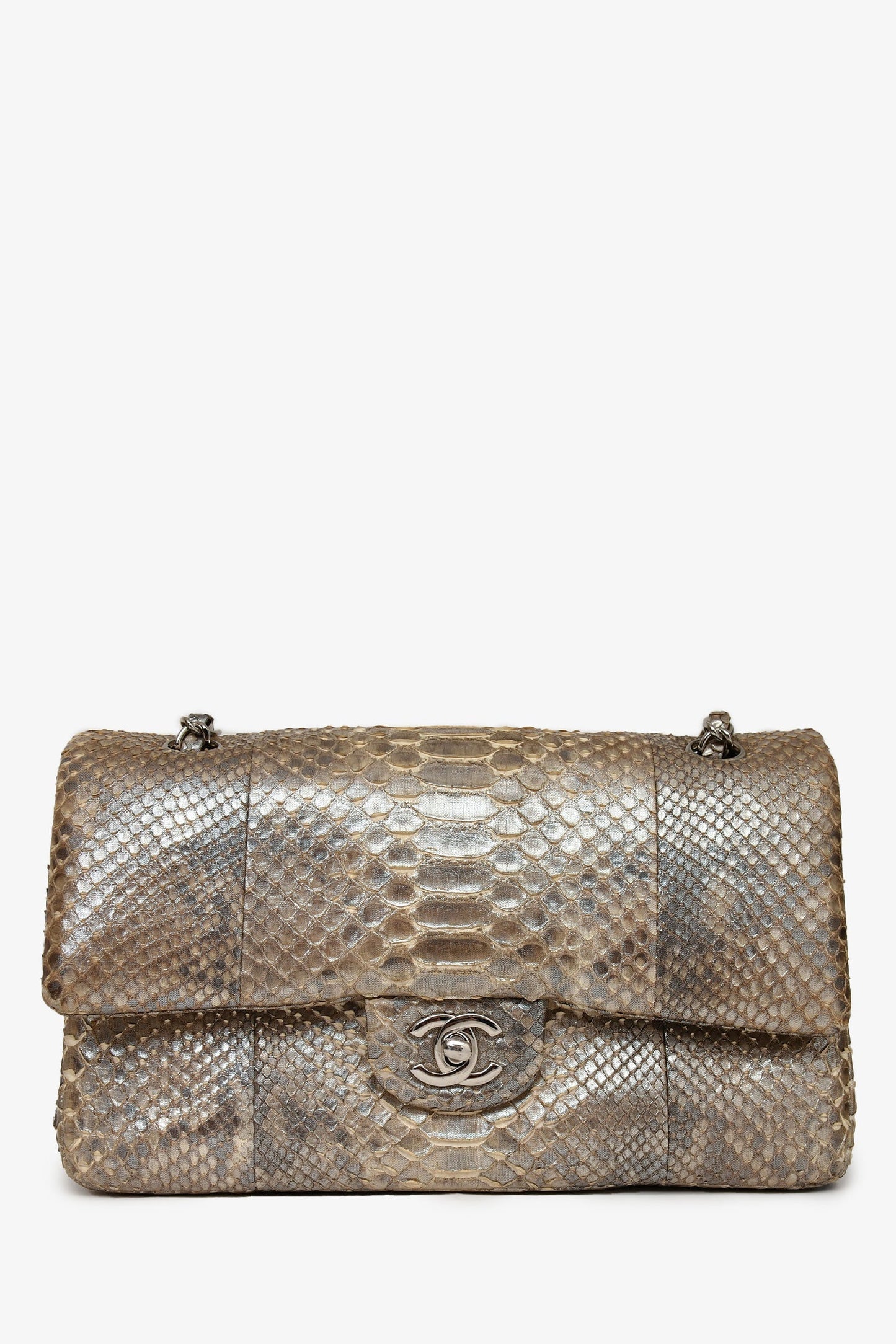 Chanel 2012 Silver Metallic Python Leather Classic Double Flap Shoulder Bag