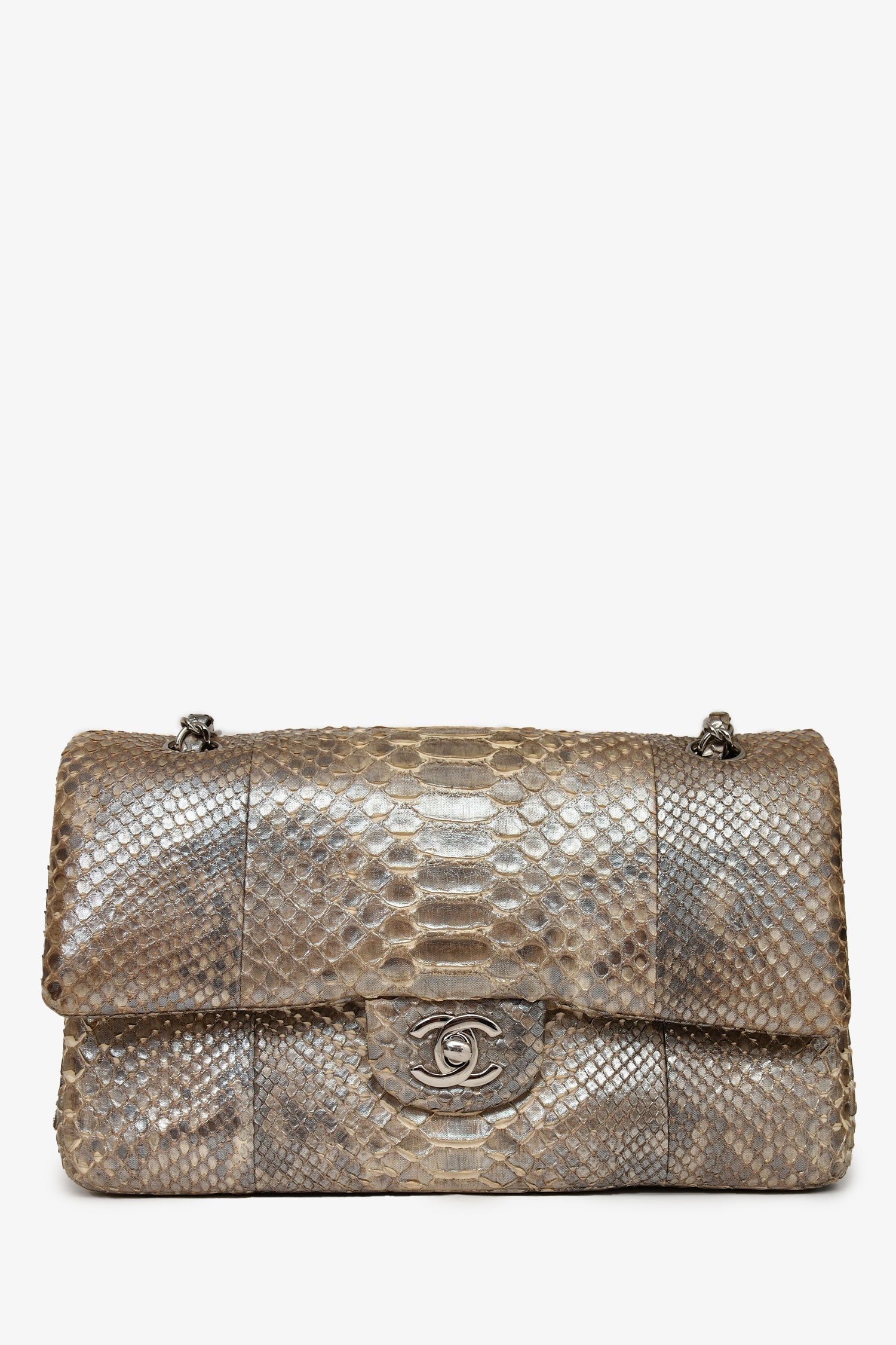 Chanel 2012 Silver Metallic Python Leather Classic Double Flap Shoulder Bag