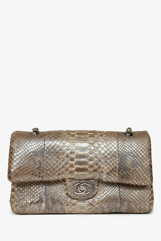 Chanel 2012 Silver Metallic Python Leather Classic Double Flap Shoulder Bag