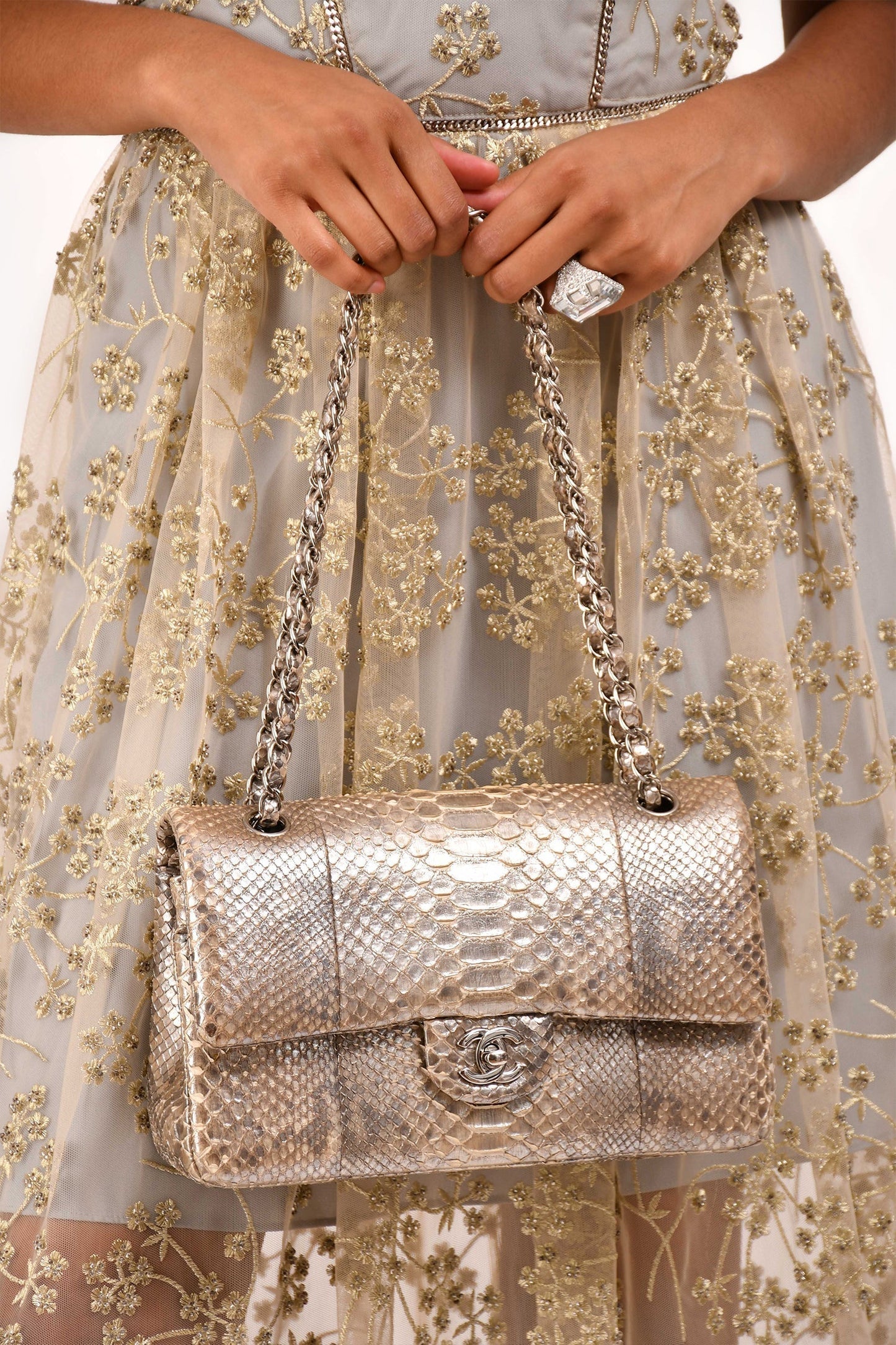 Chanel 2012 Silver Metallic Python Leather Classic Double Flap Shoulder Bag