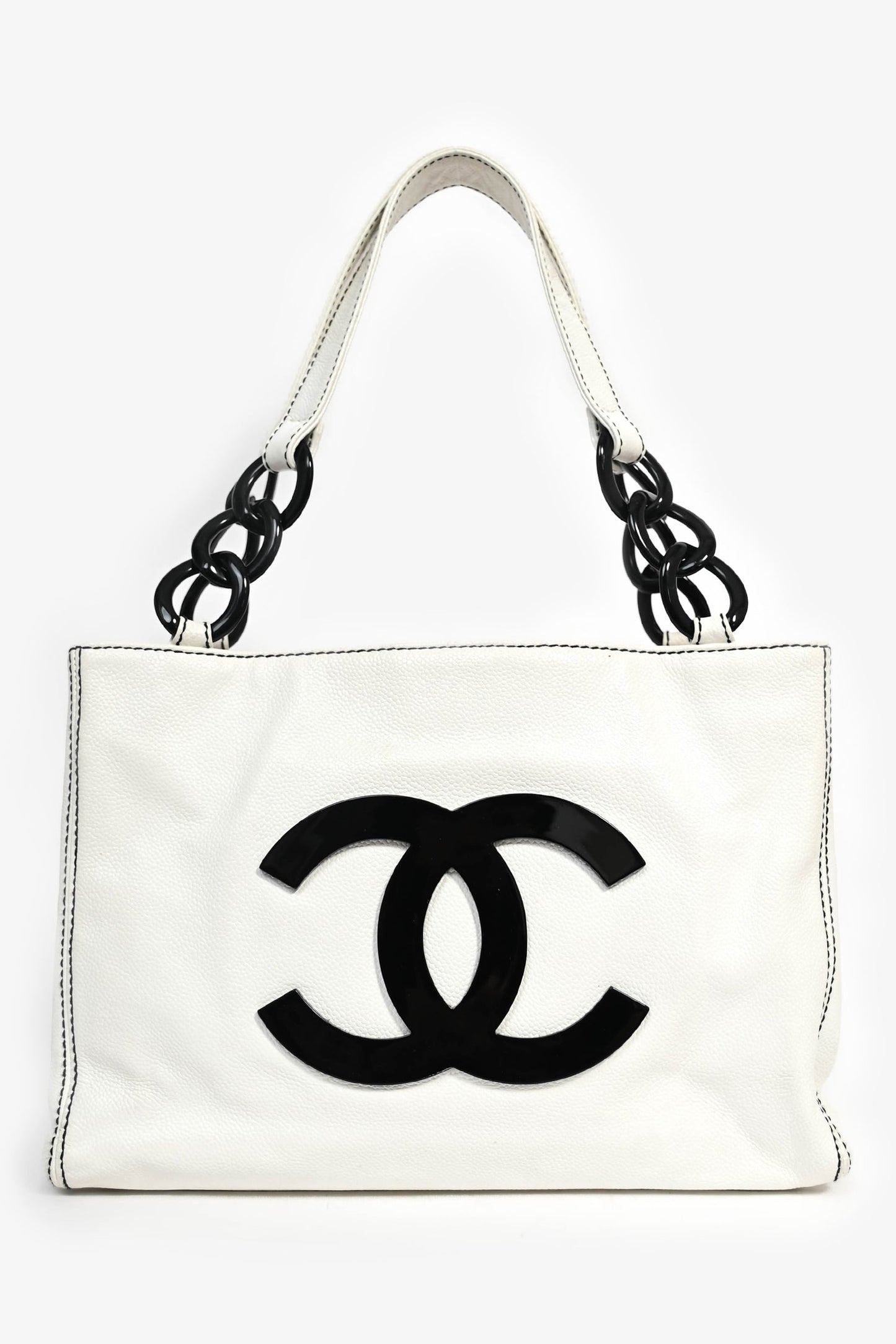 Chanel 2004-05 White Caviar Leather Black Resin CC Chain Link Tote Bag