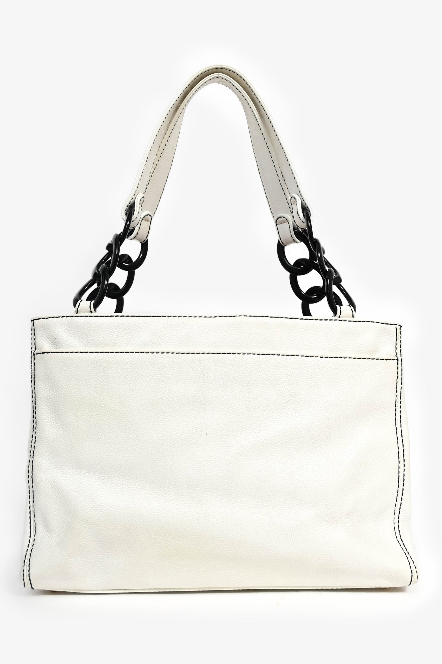 Chanel 2004-05 White Caviar Leather Black Resin CC Chain Link Tote Bag