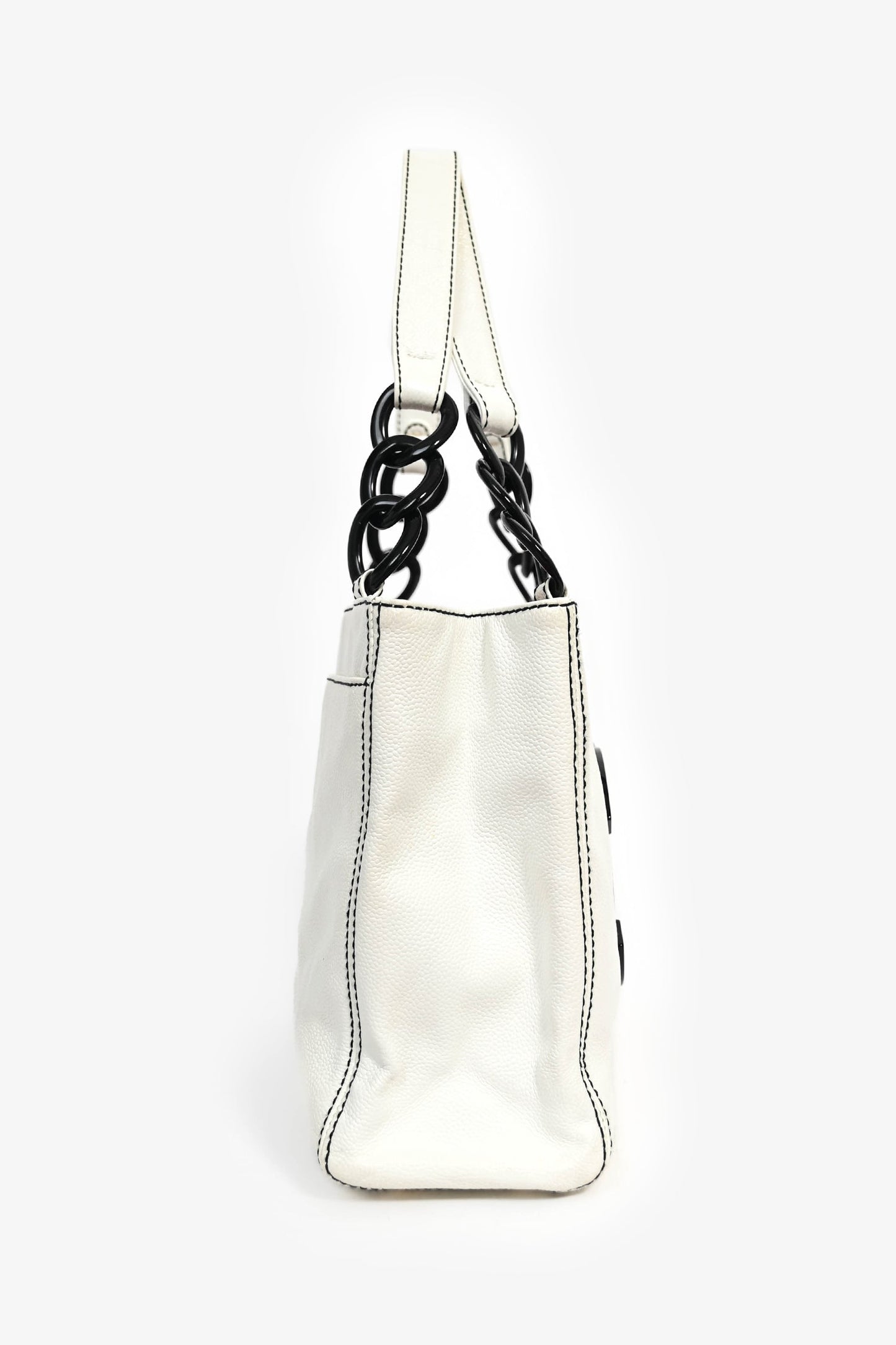 Chanel 2004-05 White Caviar Leather Black Resin CC Chain Link Tote Bag