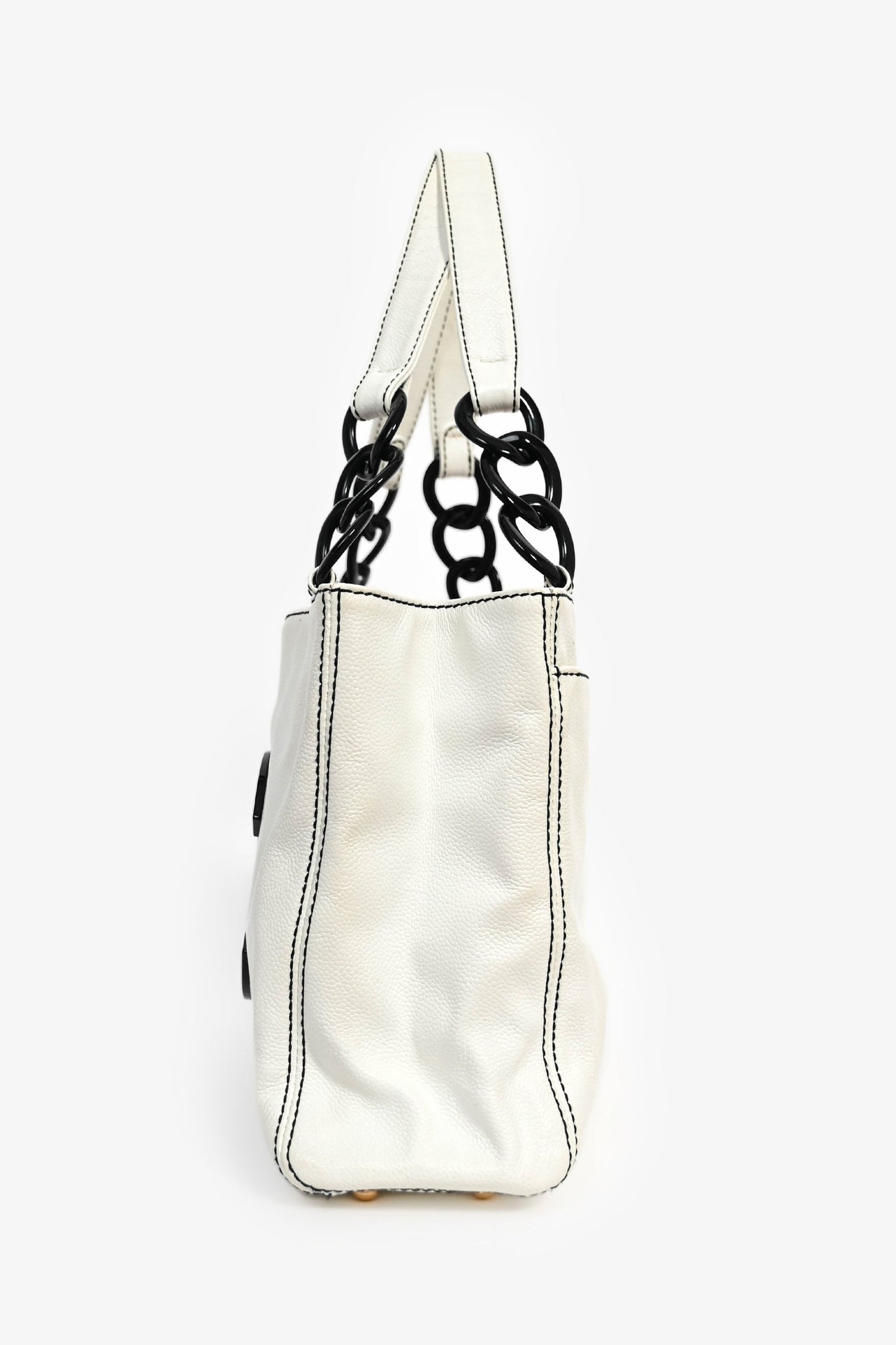 Chanel 2004-05 White Caviar Leather Black Resin CC Chain Link Tote Bag