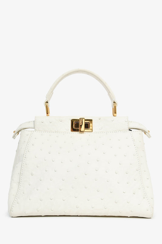 Fendi White Ostrich Leather Mini Peekaboo Bag with Strap