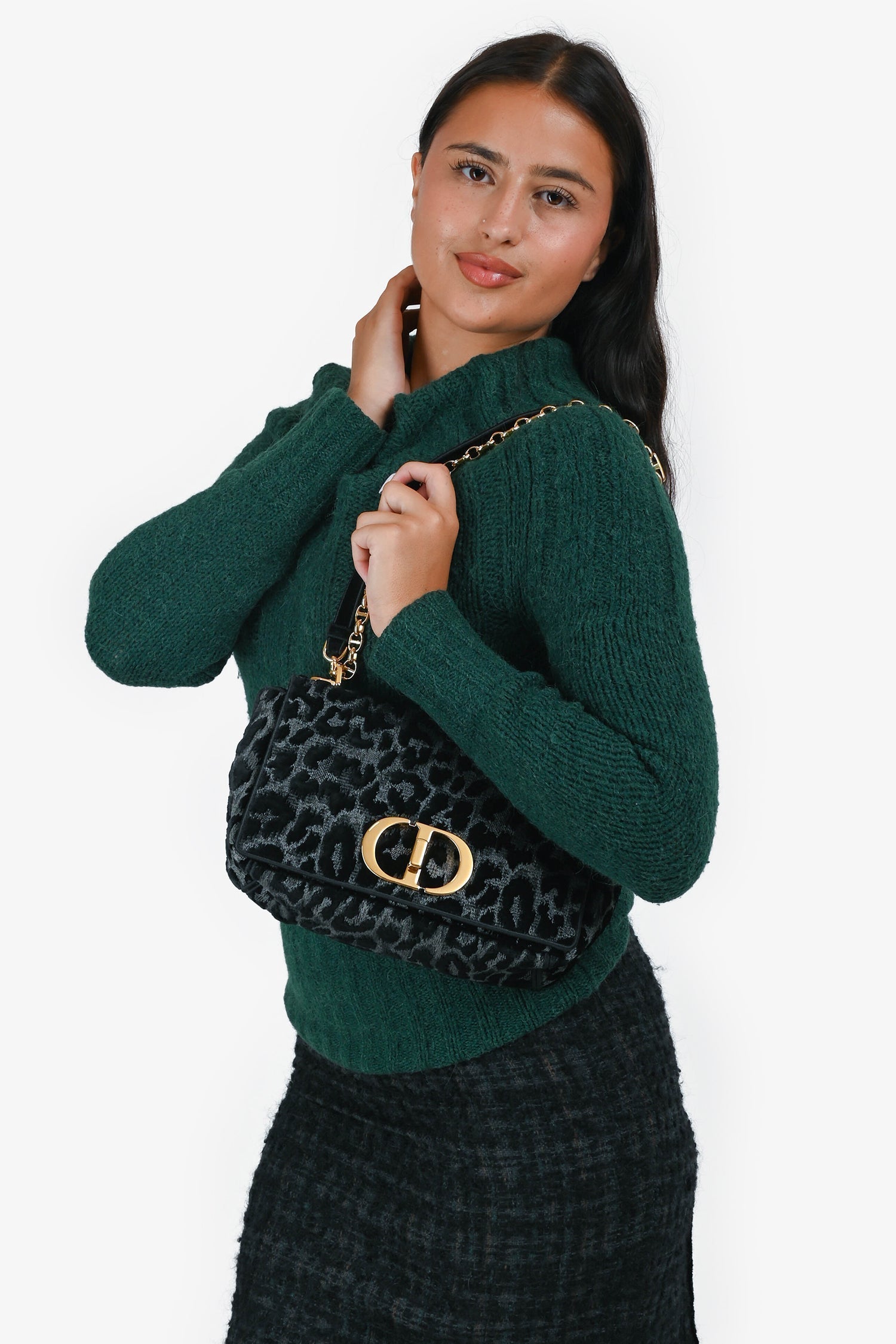 Christian Dior 2021 Black Grey Velvet Leopard Print Medium Caro Bag