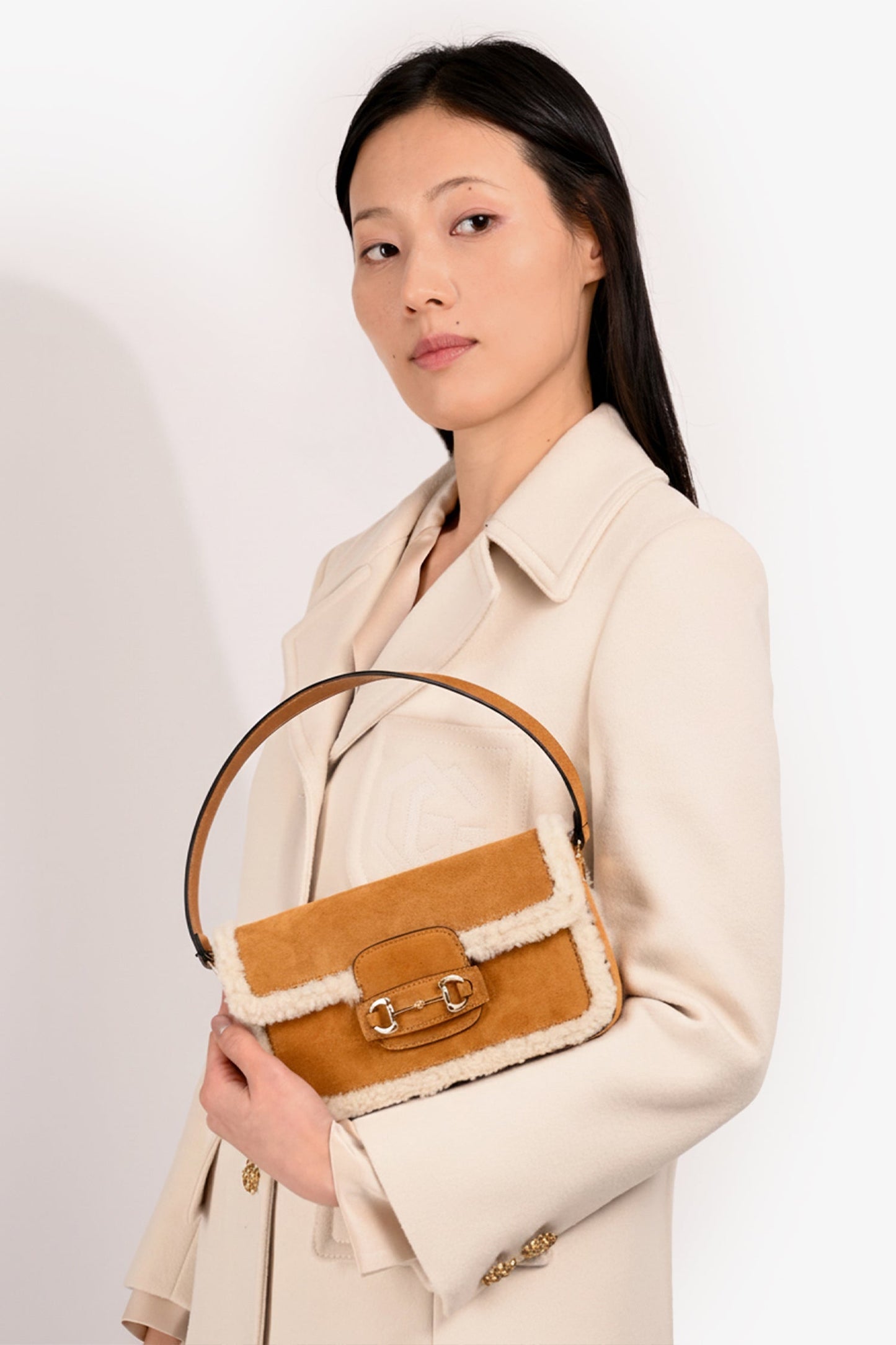 Gucci Brown Suede Leather/Shearling Trimmed Horsebit 1955 Shoulder Bag