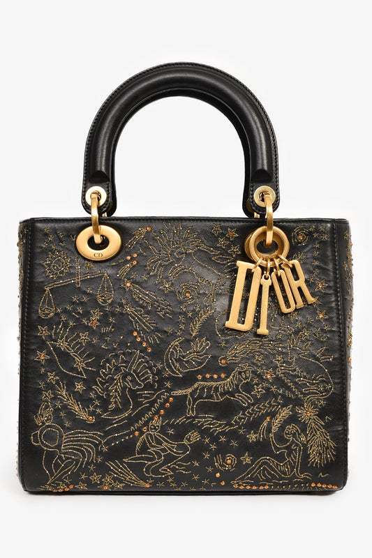 Christian Dior 2017 Black Leather Zodiac Embroidered Medium Lady D-Lite Bag with Strap