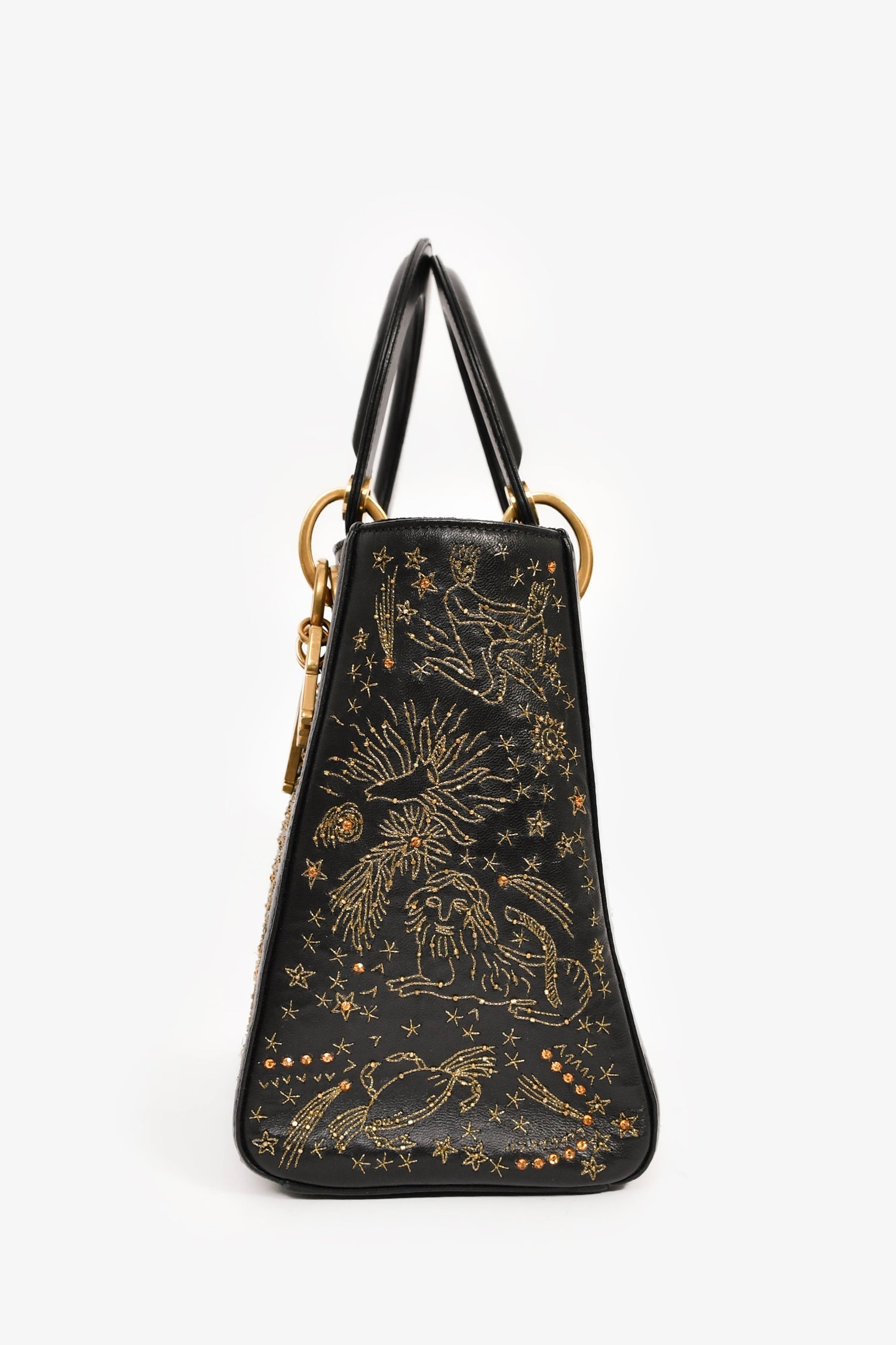 Christian Dior 2017 Black Leather Zodiac Embroidered Medium Lady D-Lite Bag with Strap