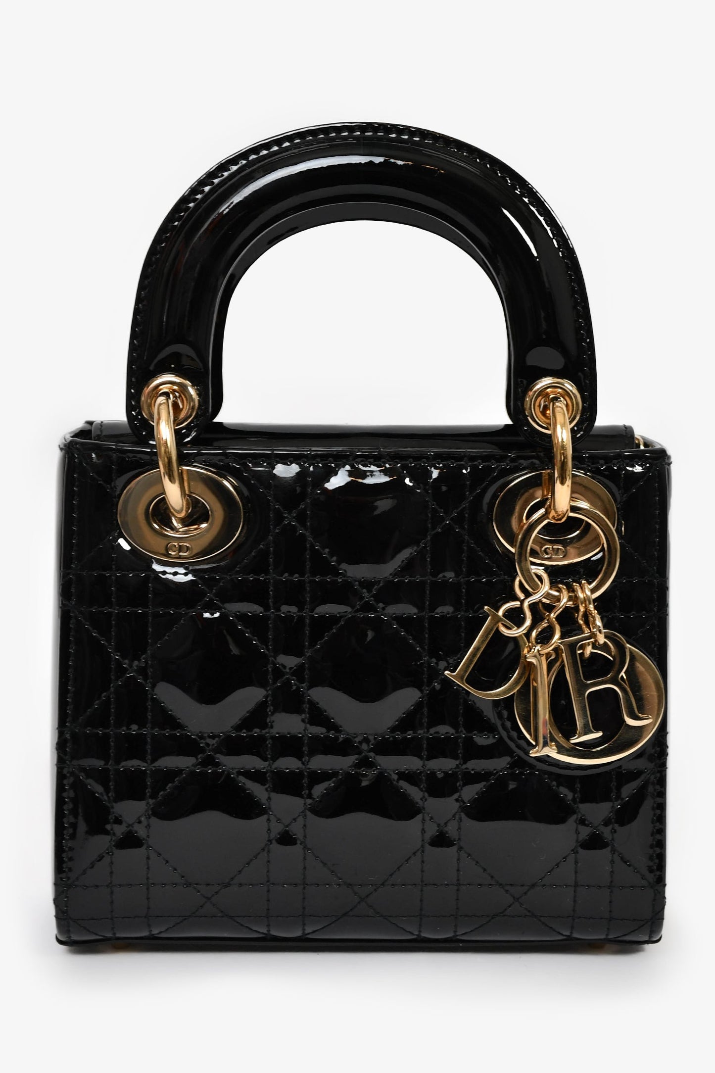 Christian Dior 2020 Black Patent Leather Mini Lady Dior Bag With Strap