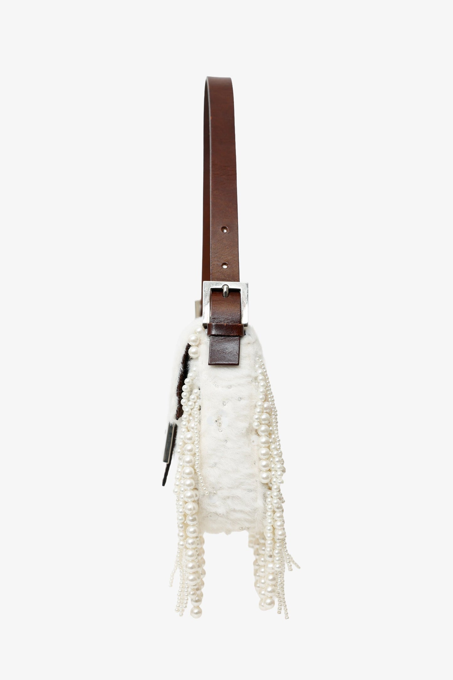 Fendi Limited Edition (1/30) White Fur Beaded Sequin Pearl Fringed Baguette Shoulder Bag