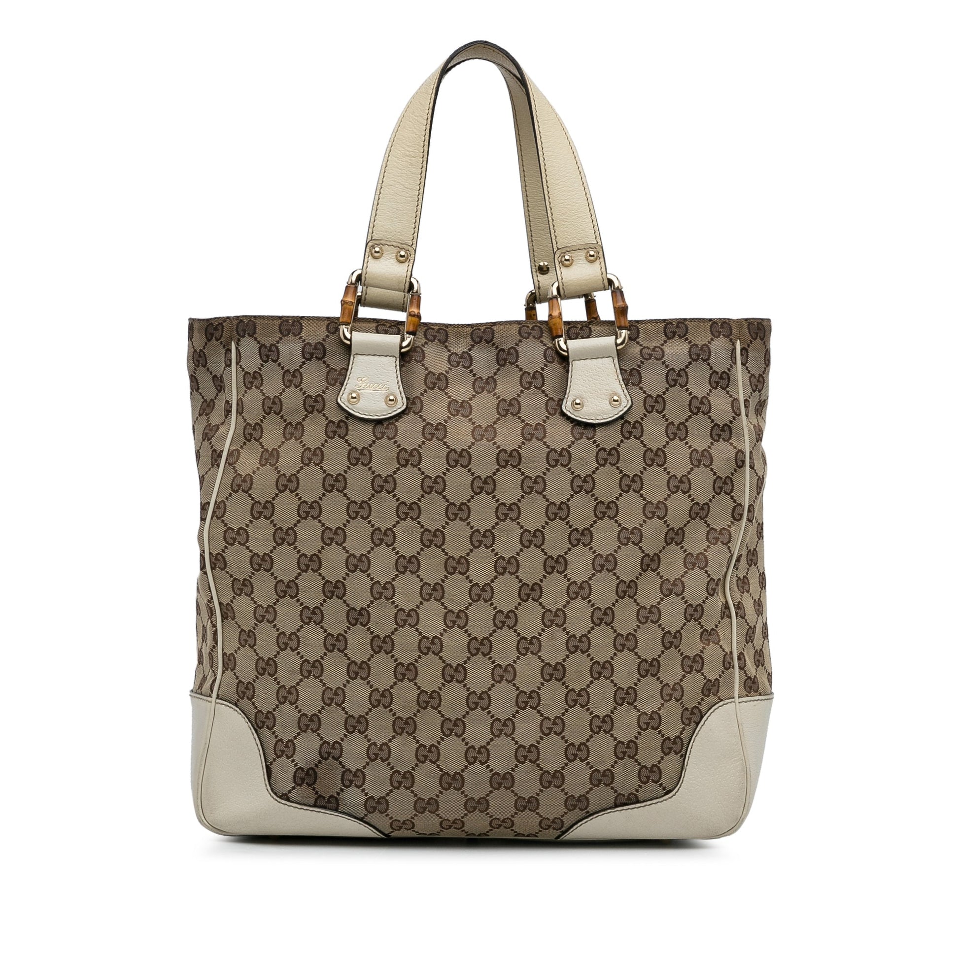 Gucci Bamboo Brown Leather Canvas Tote