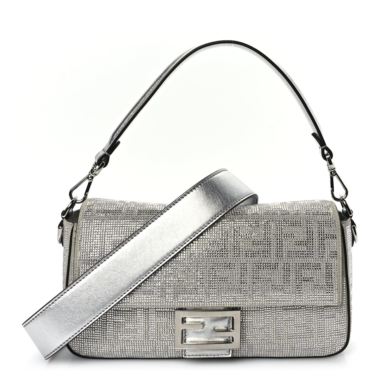 Fendi Crystal Vitello Laminato FF Medium Baguette Crystal Argento