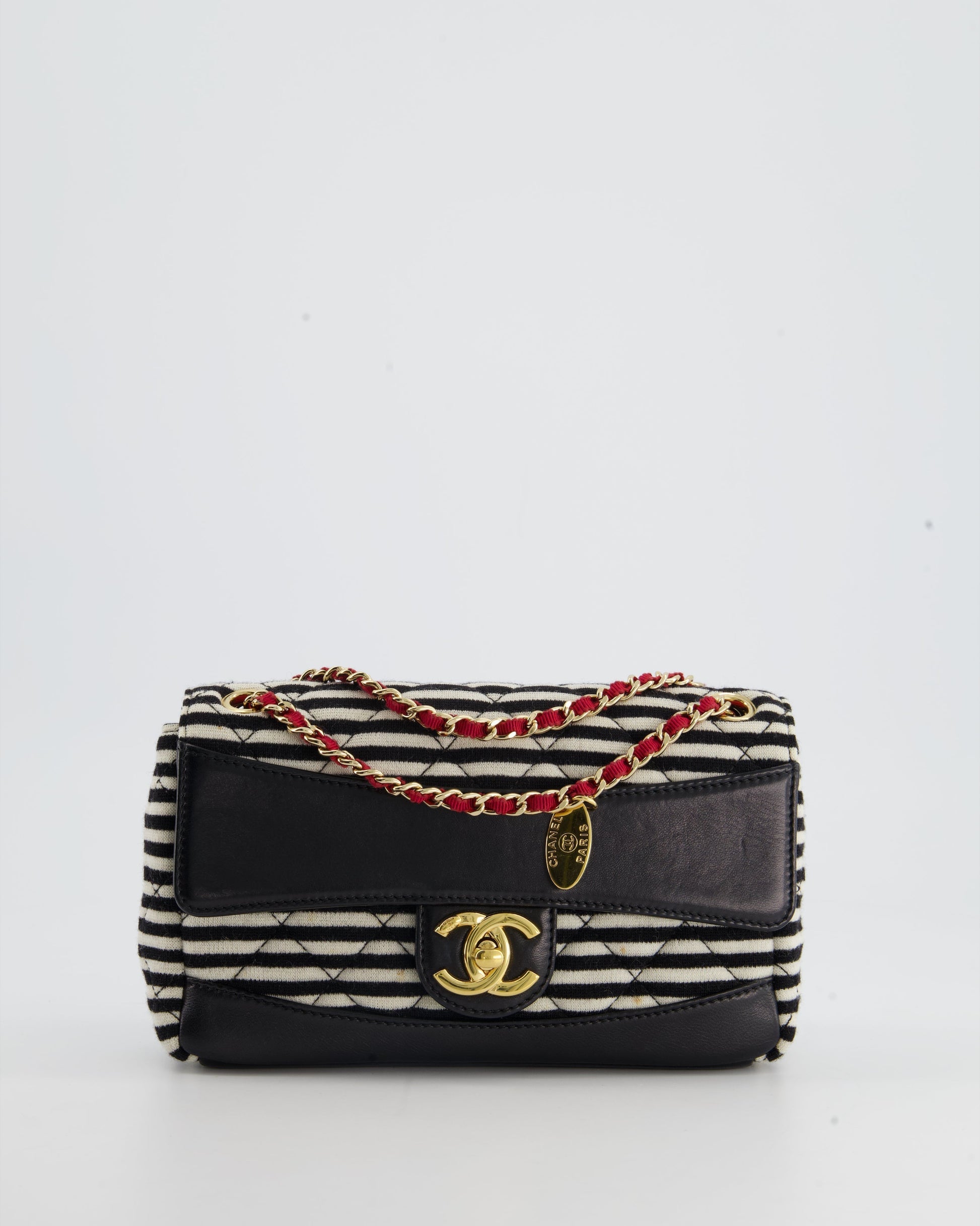 Chanel Black and White Mini Rectangular Jersey Single Flap Bag with Red Chain Detail and Gold Hardware
