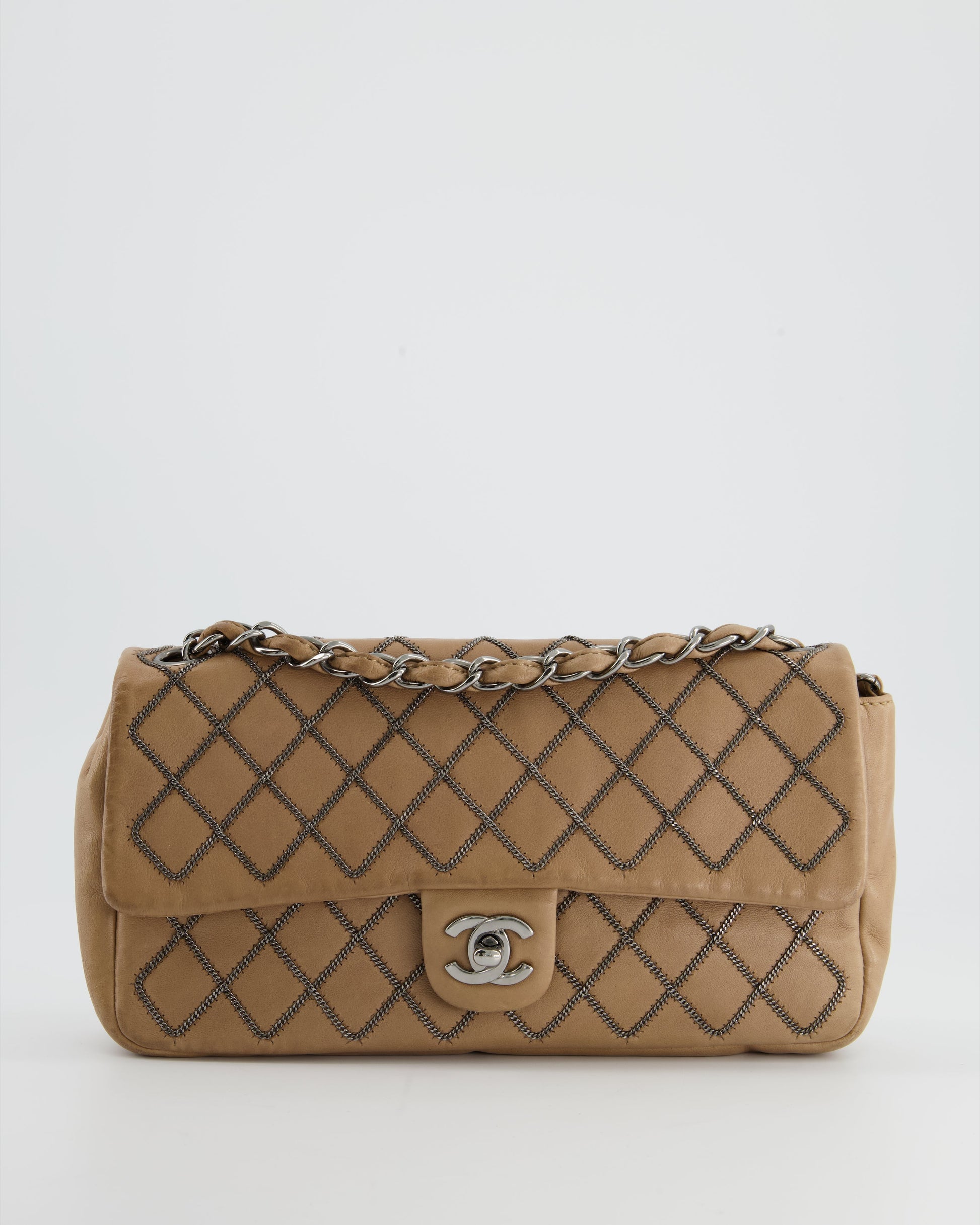Chanel Beige East West Single Flap Bag in Lambskin Leather with Silver Quilted Chain Detail