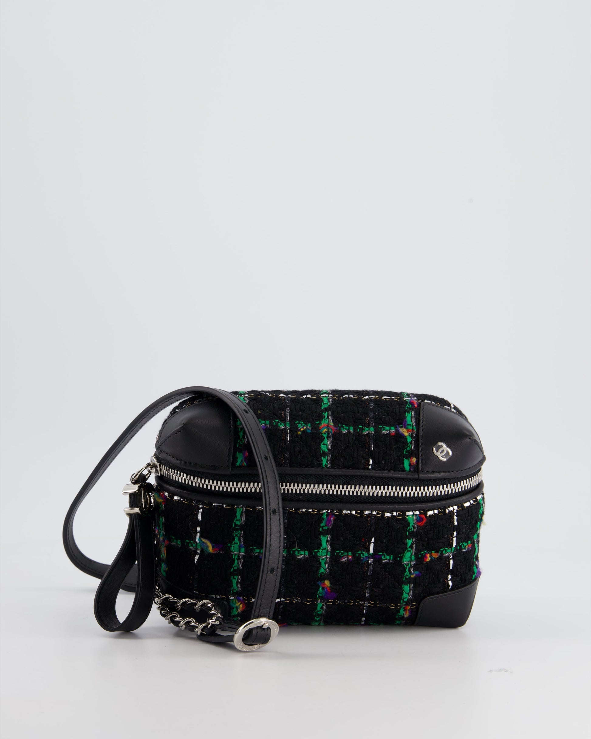 Chanel Black, Green Multi-Colour Tweed Bum Bag with Silver Hardware