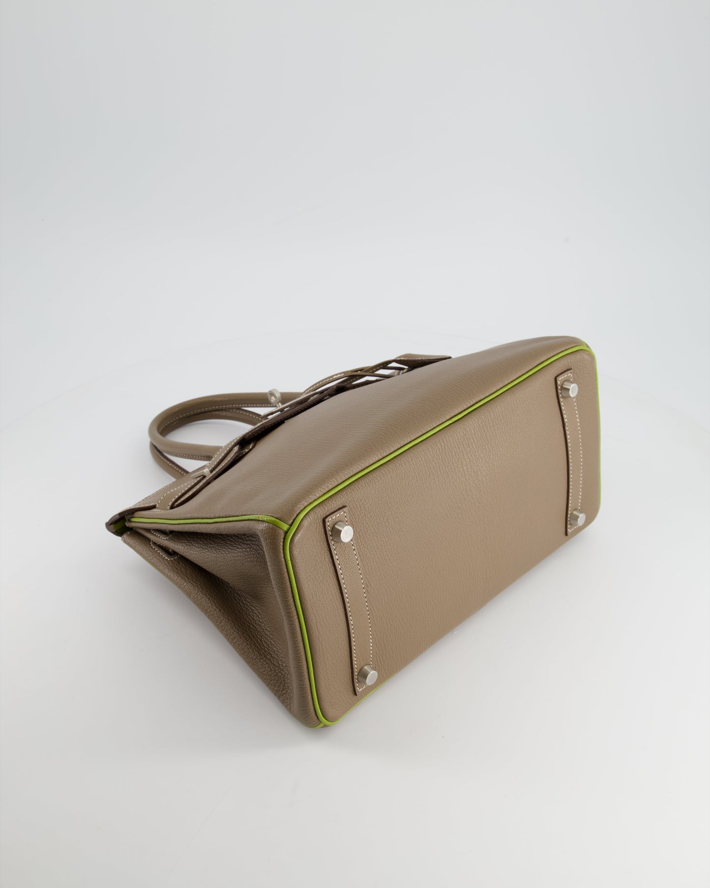 Hermes HSS Birkin 30 Retourne Bag in Etoupe & Vert Anis Chèvre Mysore with Brushed Palladium Hardware
