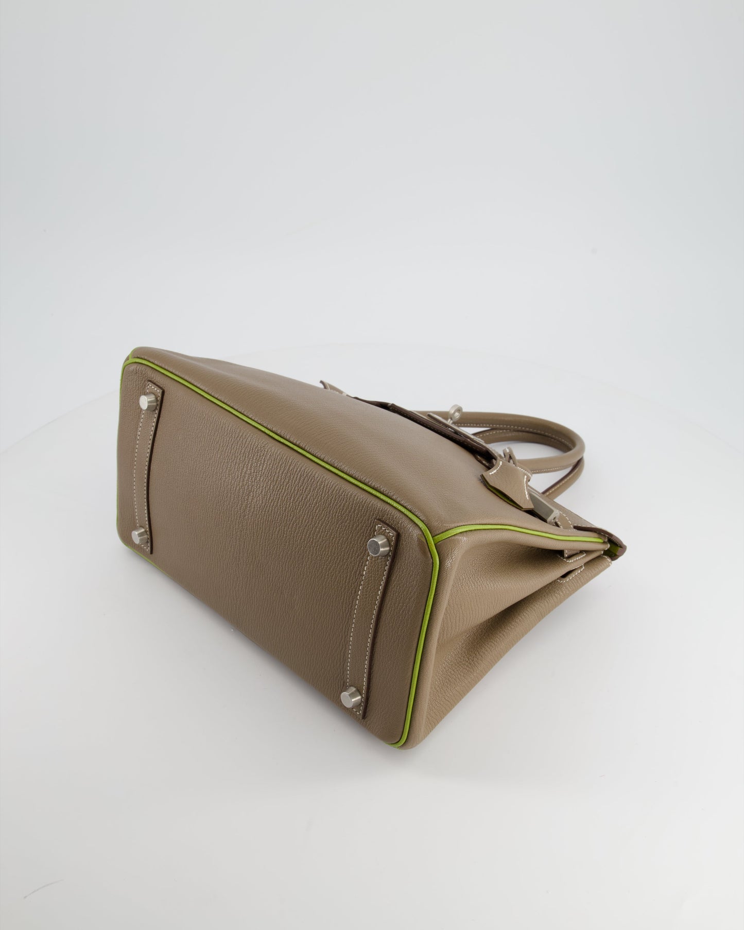 Hermes HSS Birkin 30 Retourne Bag in Etoupe & Vert Anis Chèvre Mysore with Brushed Palladium Hardware