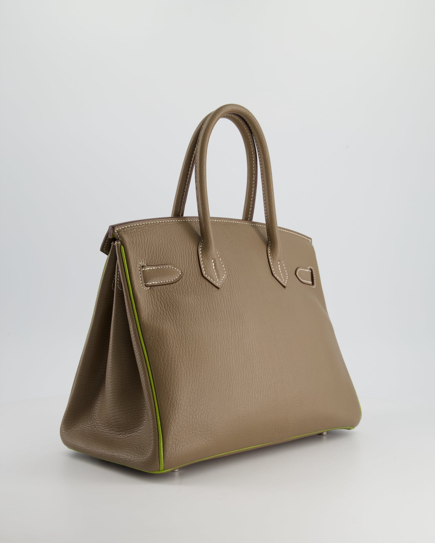 Hermes HSS Birkin 30 Retourne Bag in Etoupe & Vert Anis Chèvre Mysore with Brushed Palladium Hardware