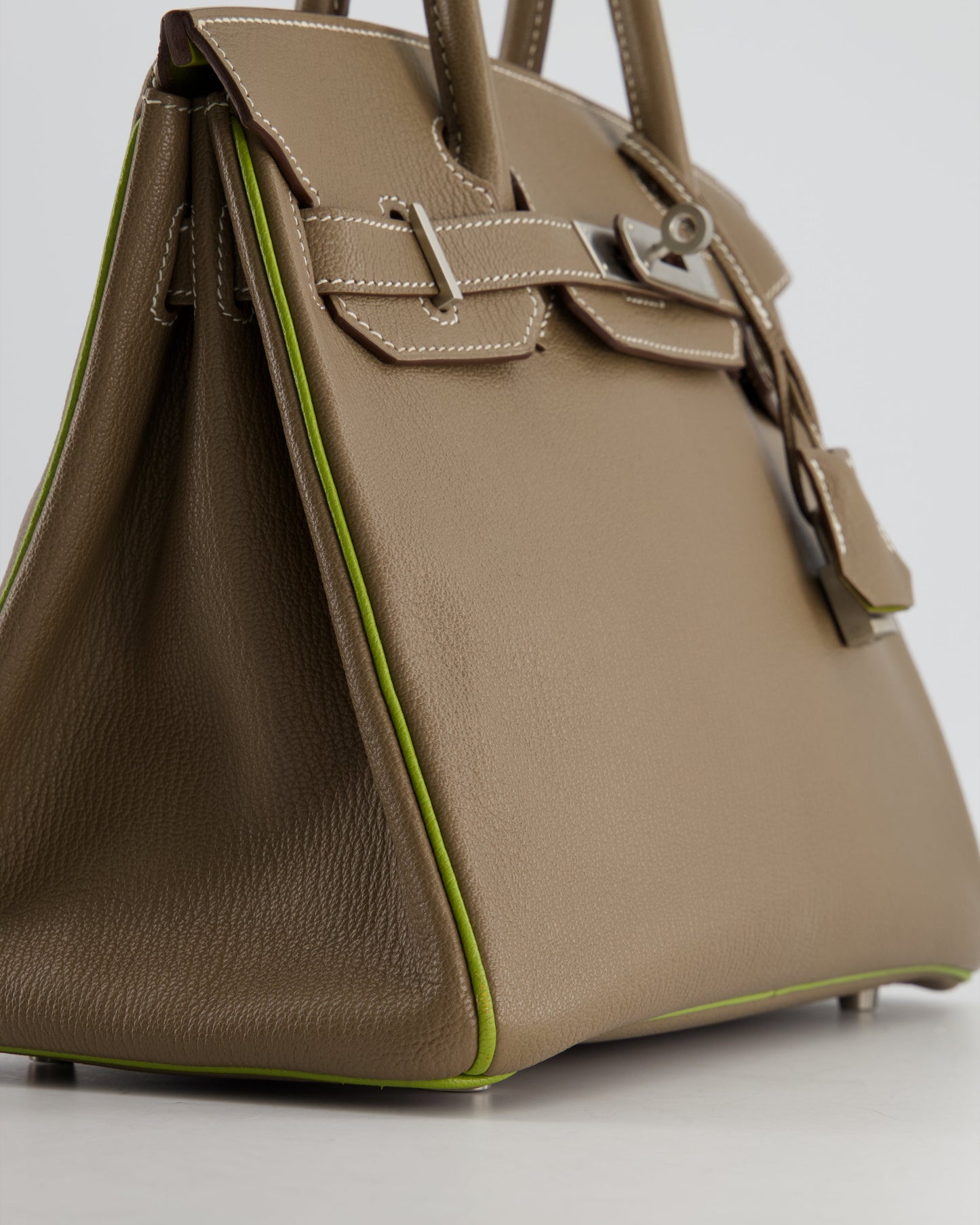 Hermes HSS Birkin 30 Retourne Bag in Etoupe & Vert Anis Chèvre Mysore with Brushed Palladium Hardware
