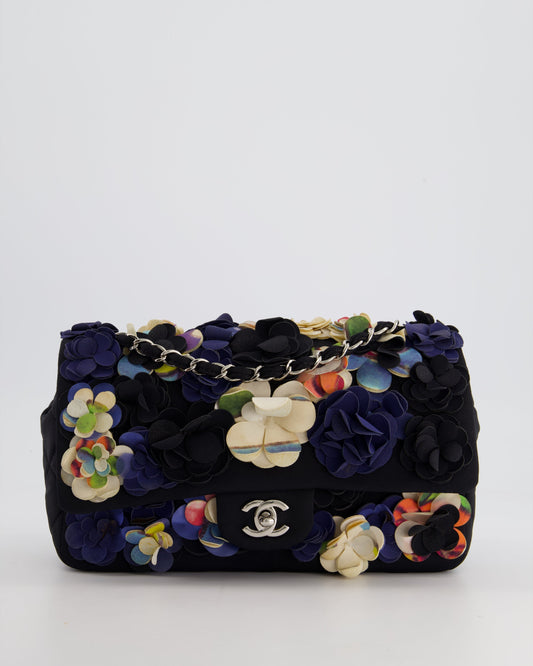 Chanel 15C Navy Camelia Embroidered Flap Bag in Fabric with Silver Hardware