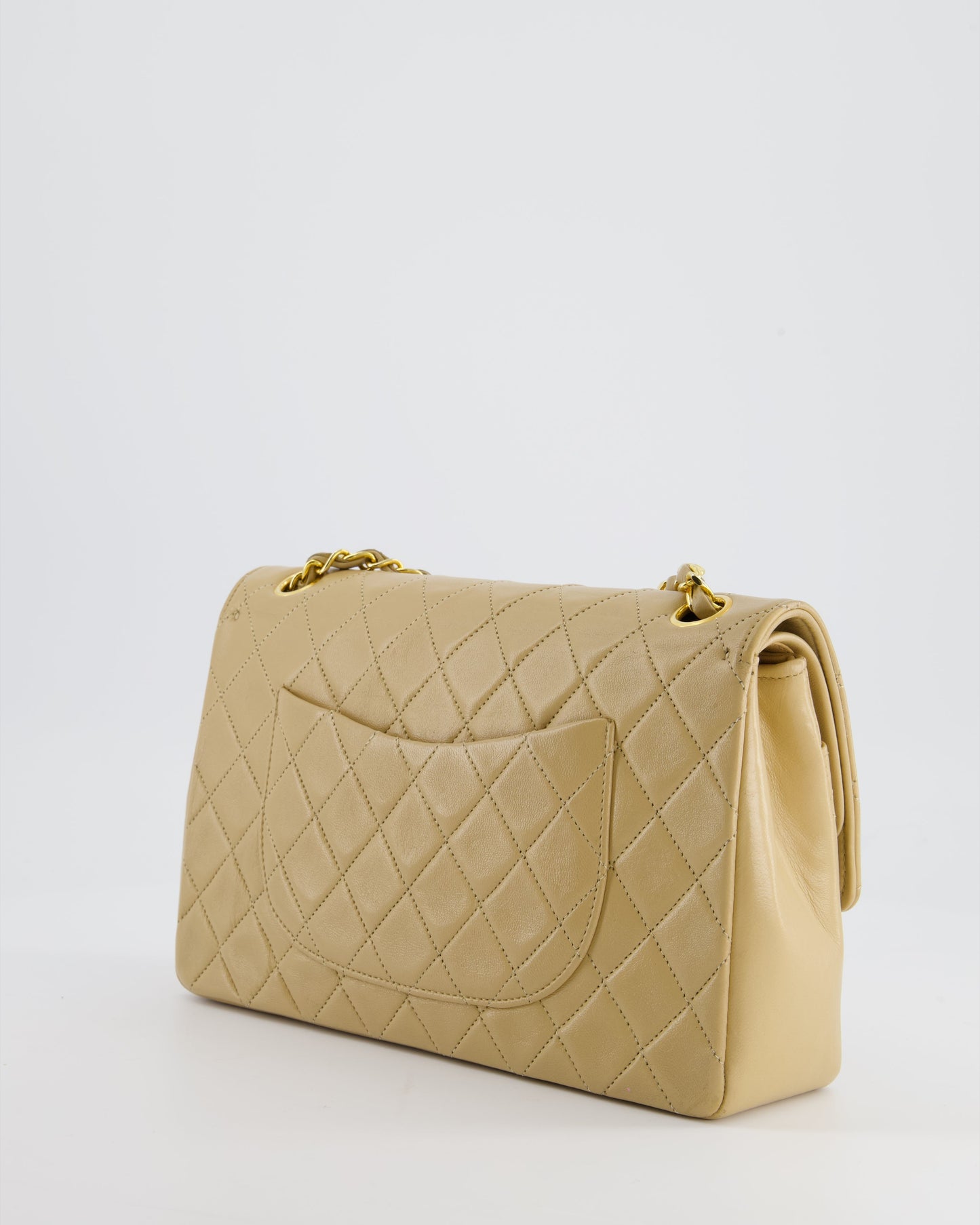 Chanel Beige Classic Medium Double Flap Bag in Lambskin Leather with 24K Gold Hardware and Stitched Edge
