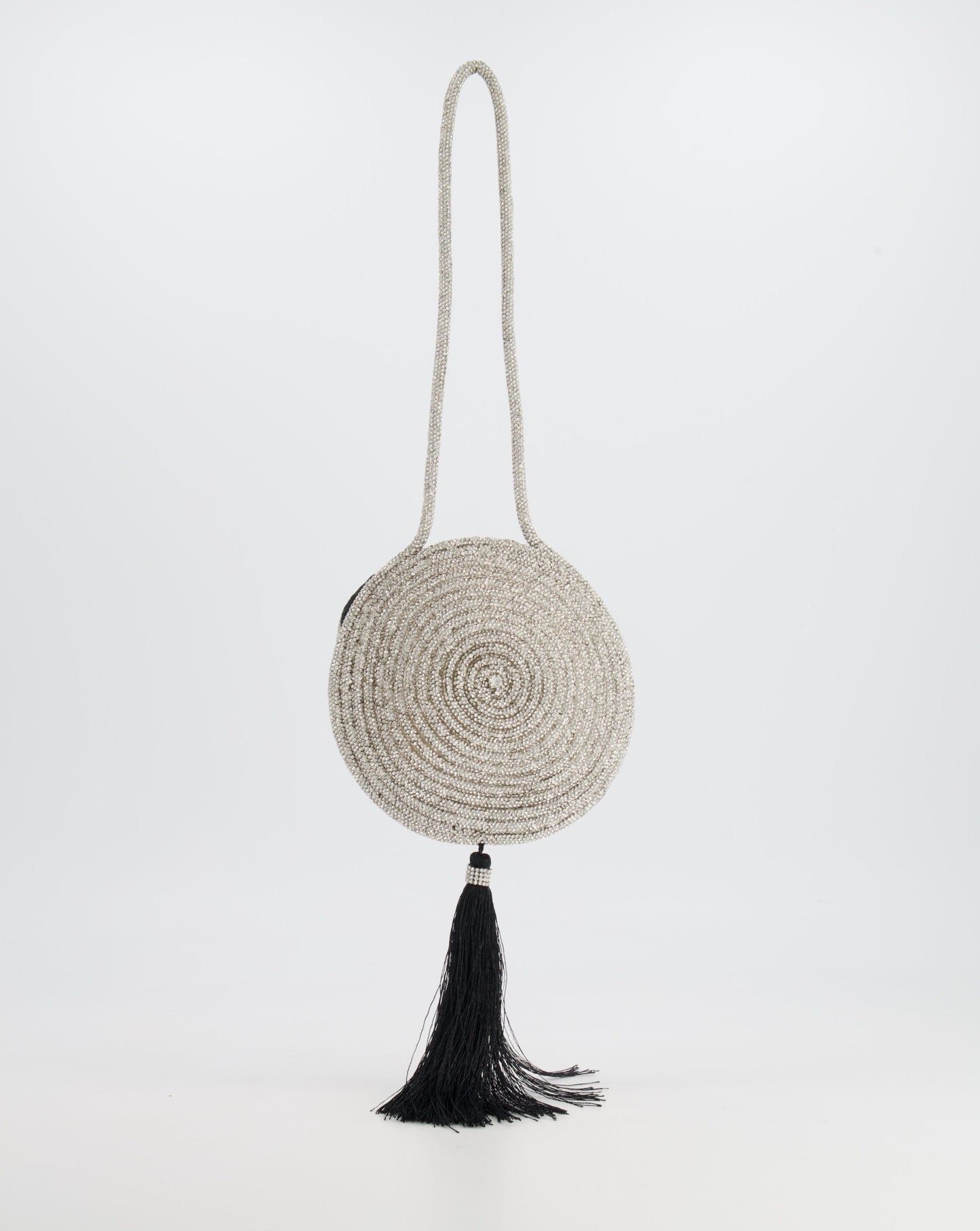 Nué Crystal Spiral Round Small Bag with Black Tassel Detail