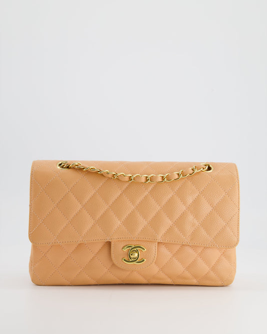 Chanel Peach Classic Medium Double Flap Bag in Caviar Leather with 24K Gold Hardware