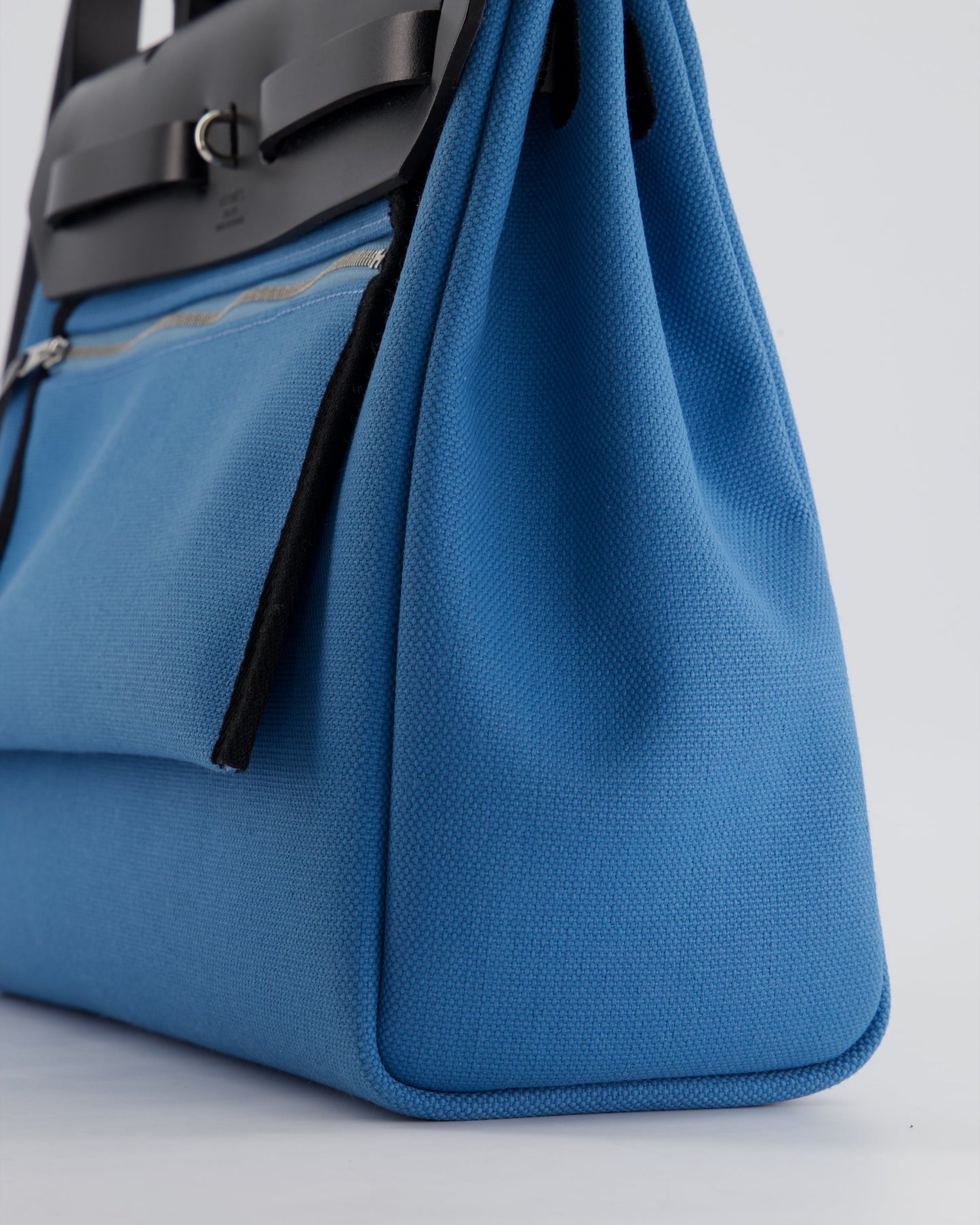 Hermes Herbag 31 Bag in Blue Jean Canvas and Noir Vache Hunter Leather with Palladium Hardware