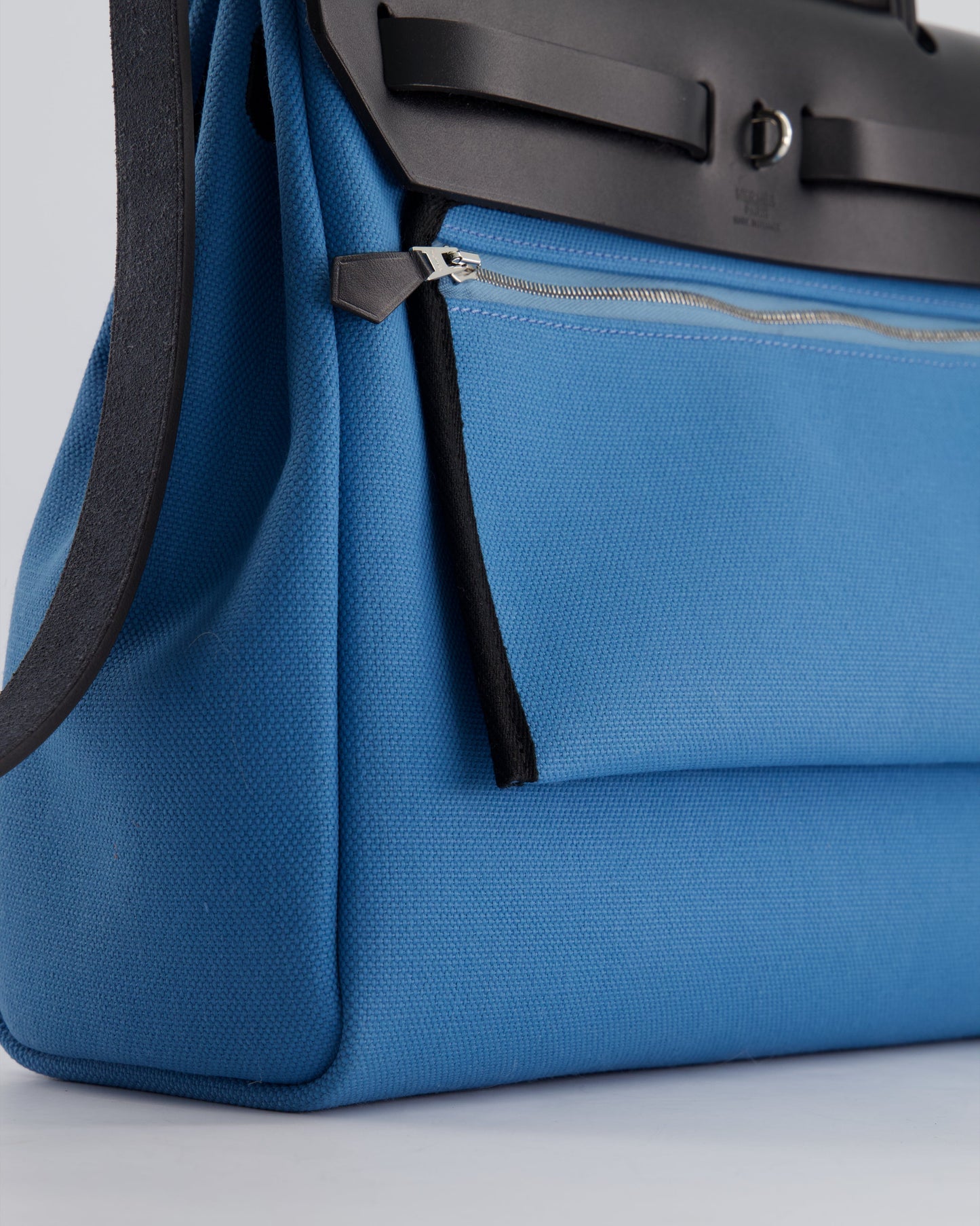 Hermes Herbag 31 Bag in Blue Jean Canvas and Noir Vache Hunter Leather with Palladium Hardware
