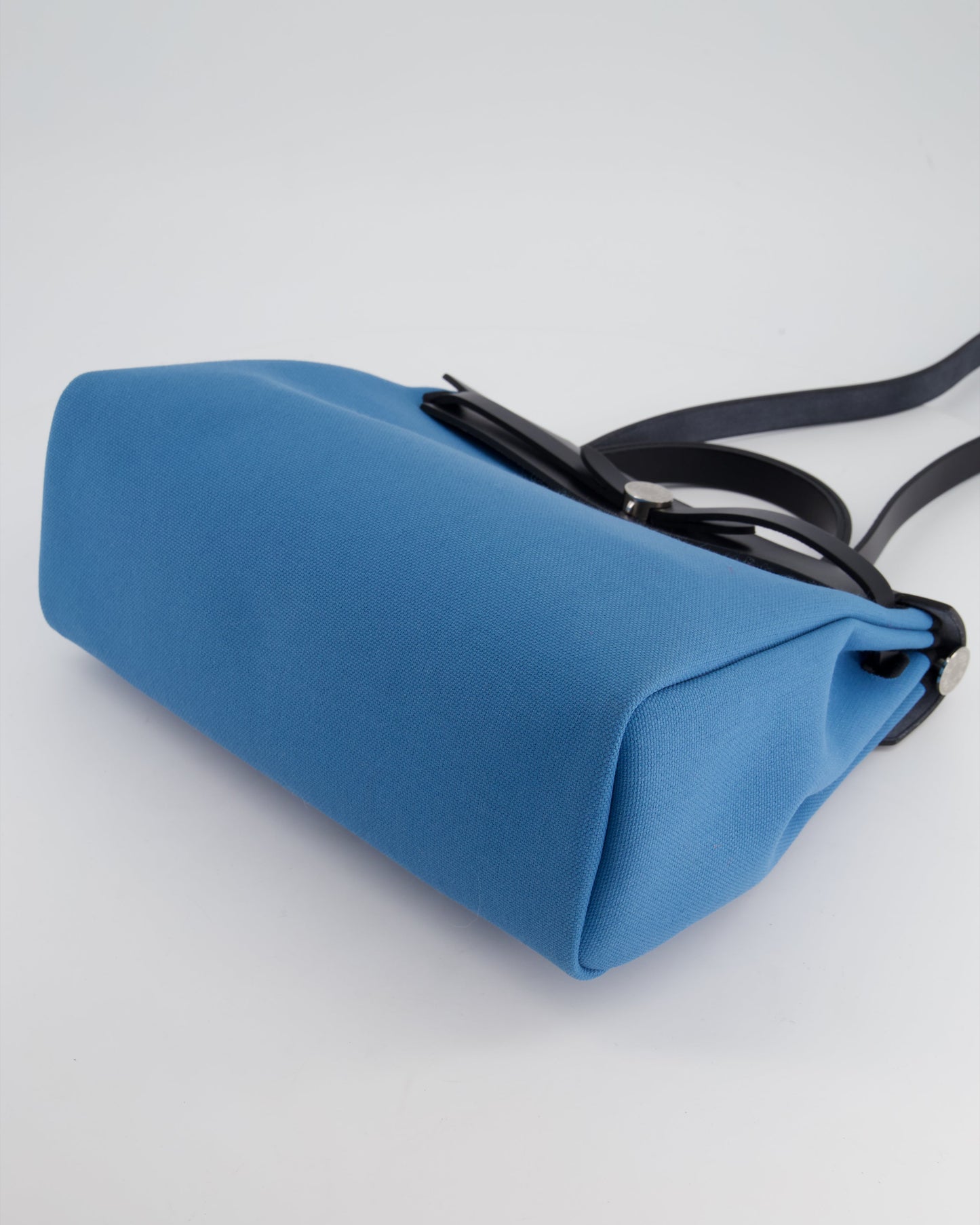 Hermes Herbag 31 Bag in Blue Jean Canvas and Noir Vache Hunter Leather with Palladium Hardware