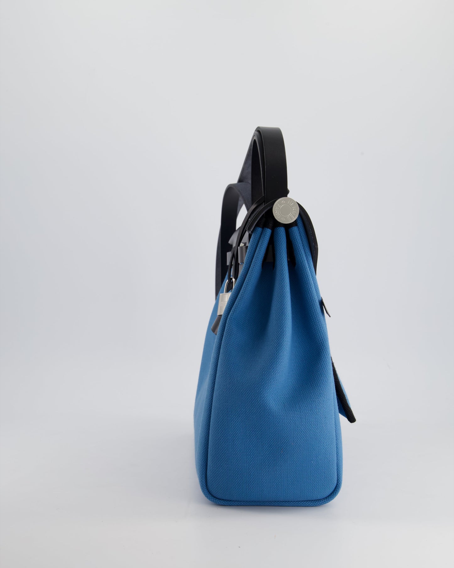 Hermes Herbag 31 Bag in Blue Jean Canvas and Noir Vache Hunter Leather with Palladium Hardware