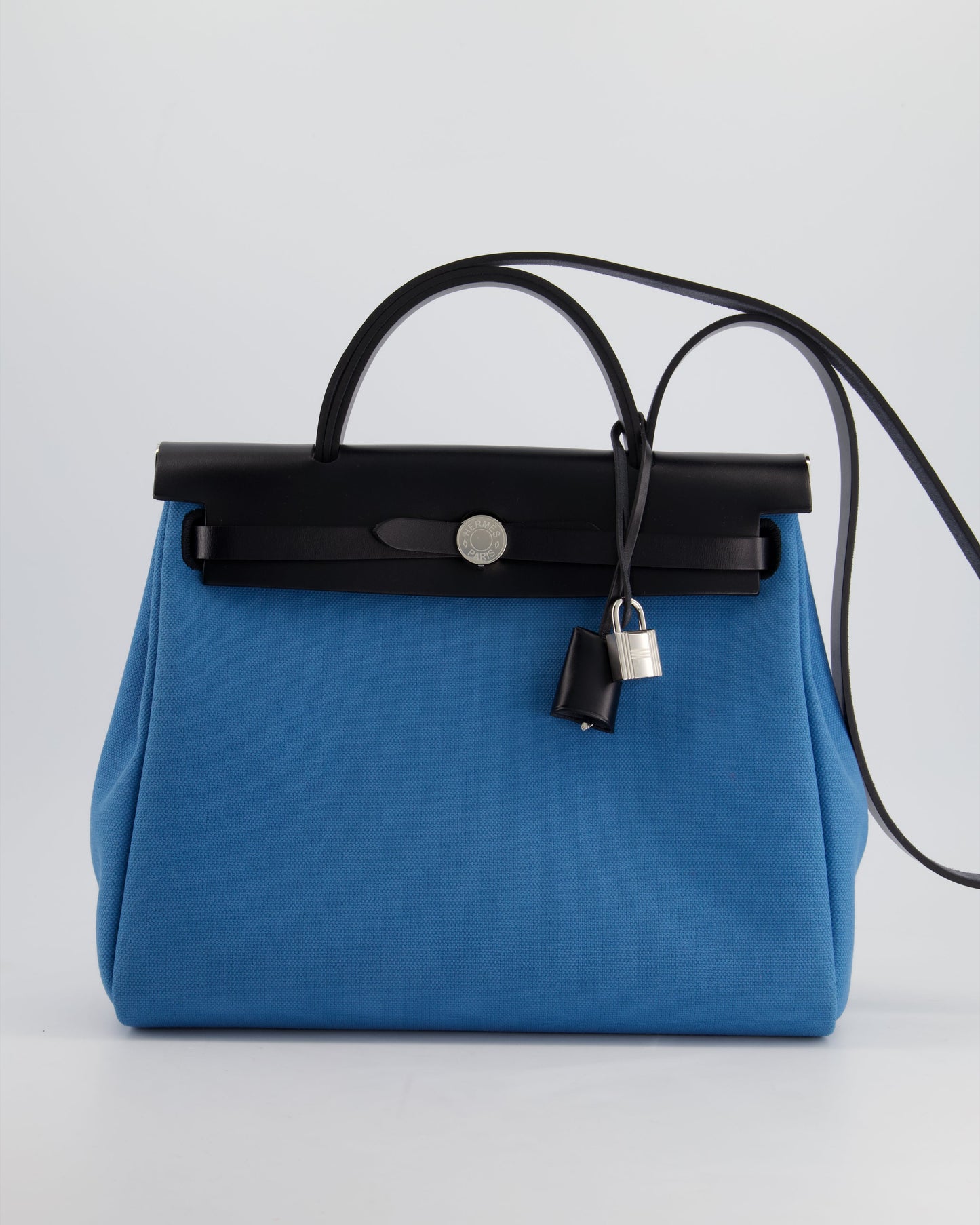 Hermes Herbag 31 Bag in Blue Jean Canvas and Noir Vache Hunter Leather with Palladium Hardware