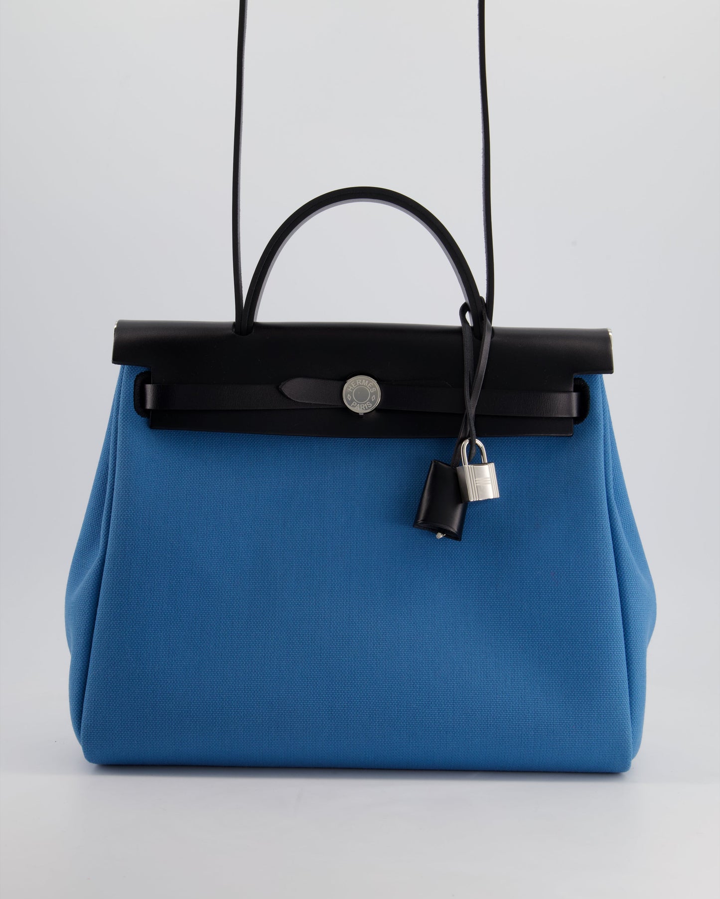 Hermes Herbag 31 Bag in Blue Jean Canvas and Noir Vache Hunter Leather with Palladium Hardware