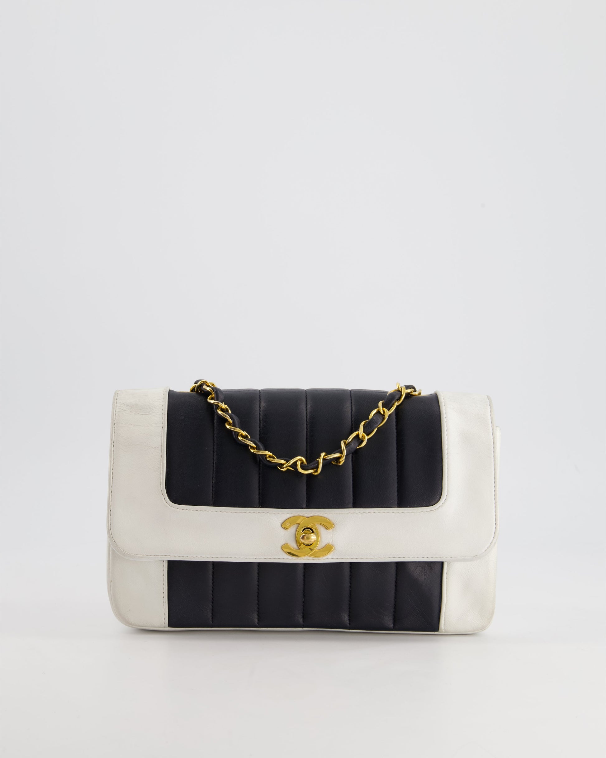 Chanel Black, White Mademoiselle Single Flap Bag in Lambskin Leather with 24K Gold Plated Hardware