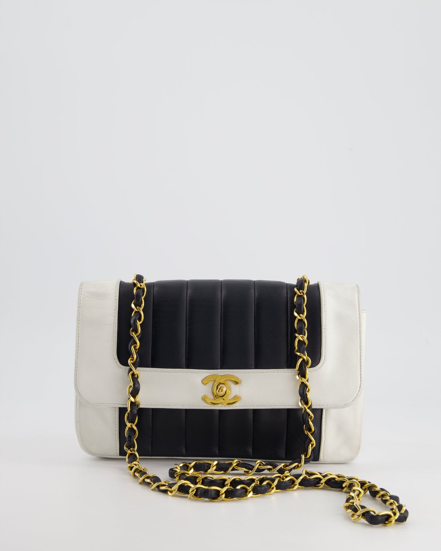 Chanel Black, White Mademoiselle Single Flap Bag in Lambskin Leather with 24K Gold Plated Hardware