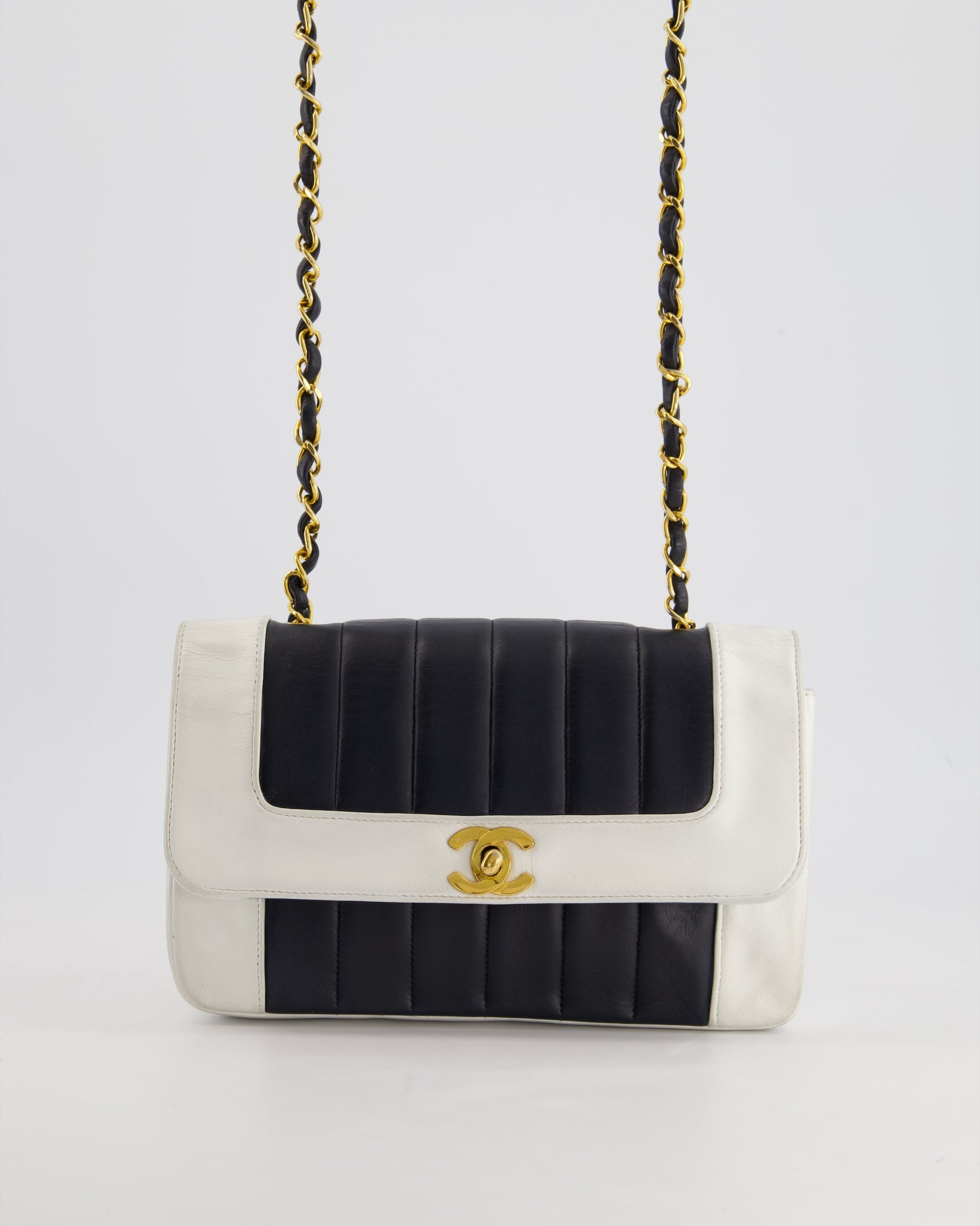 Chanel Black, White Mademoiselle Single Flap Bag in Lambskin Leather with 24K Gold Plated Hardware