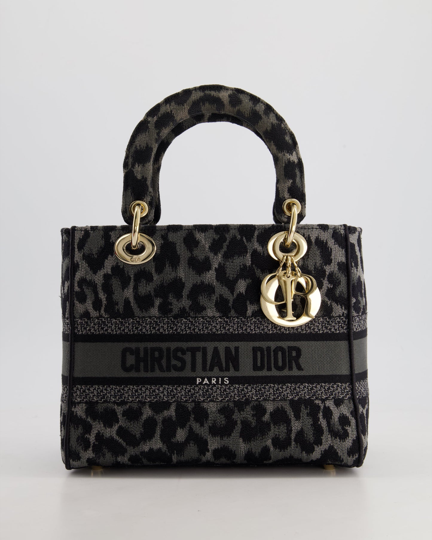 Christian Dior Medium Lady D-Lite in Grey & Black Mizza Embroidery with Champagne Gold Hardware