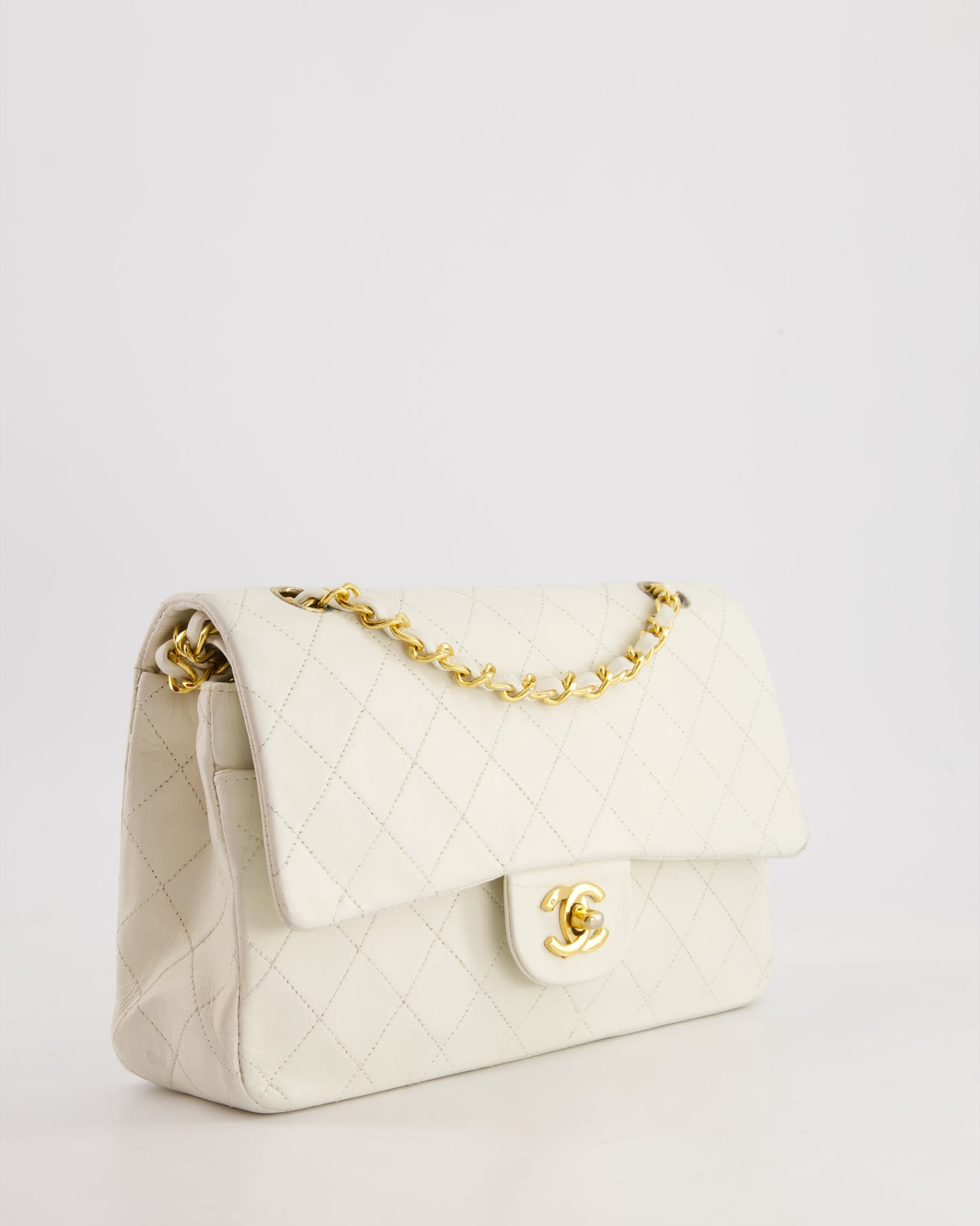 Chanel White Medium Classic Double Flap Bag in Lambskin Leather with 24K Gold Hardware