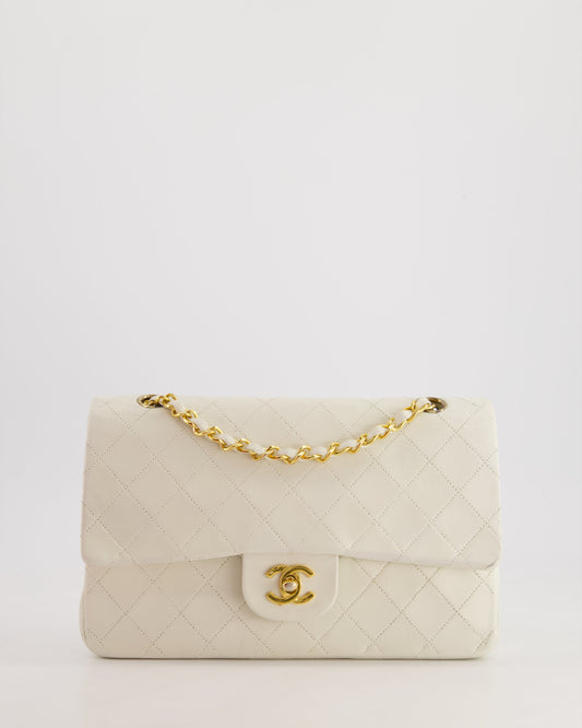 Chanel White Medium Classic Double Flap Bag in Lambskin Leather with 24K Gold Hardware