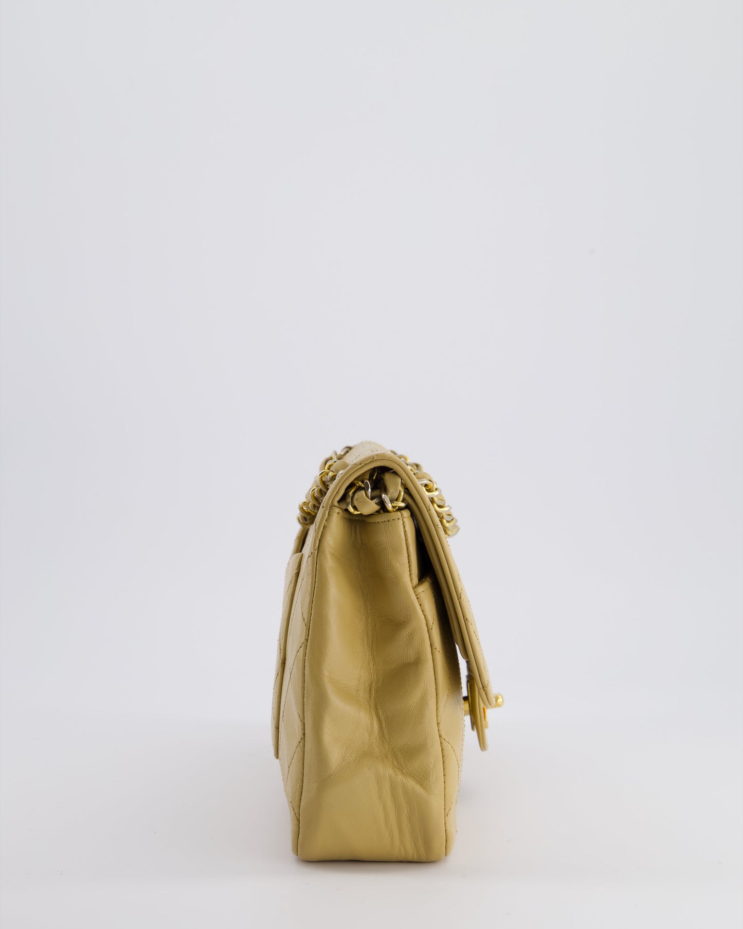 Chanel Chai Beige Classic Medium Stitched Edge Double Flap Bag in Lambskin Leather with 24K Gold Hardware