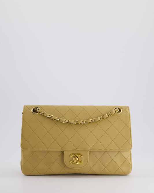 Chanel Chai Beige Classic Medium Stitched Edge Double Flap Bag in Lambskin Leather with 24K Gold Hardware