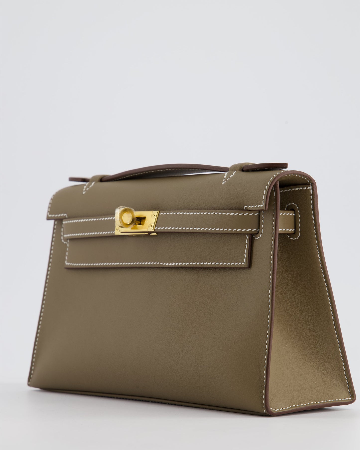 Hermes Kelly Pochette Bag in Etoupe Swift Leather and Gold Hardware