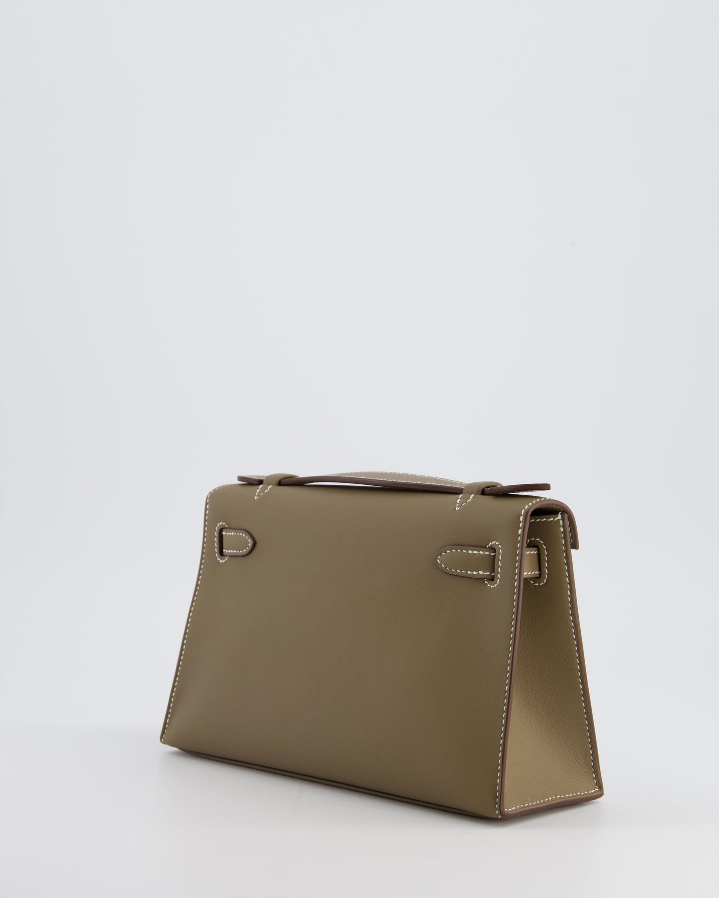 Hermes Kelly Pochette Bag in Etoupe Swift Leather and Gold Hardware