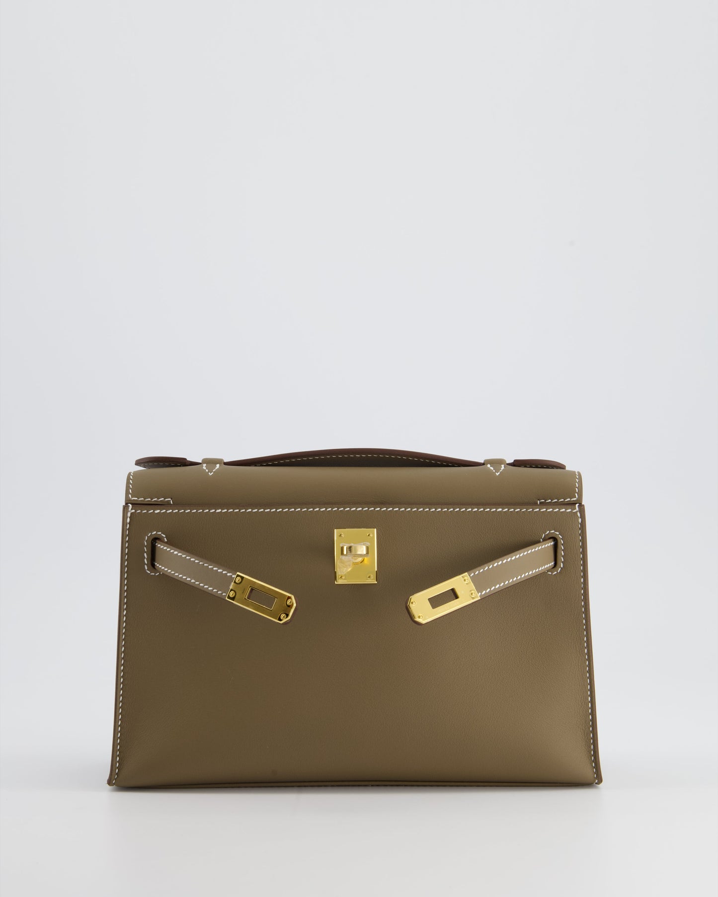 Hermes Kelly Pochette Bag in Etoupe Swift Leather and Gold Hardware