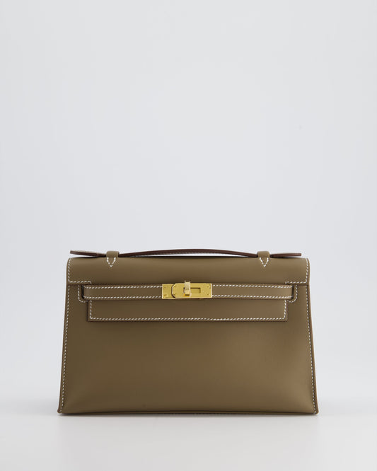 Hermes Kelly Pochette Bag in Etoupe Swift Leather and Gold Hardware
