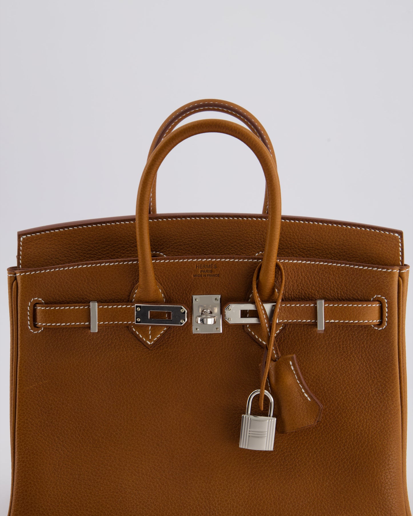 *NEW STAMP* Hermes Birkin 25 Retourne Bag in Fauve Barenia Faubourg Leather and Palladium Hardware