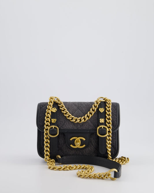 Chanel Grey Mini Flap Bag with Brushed Gold Hardware and Charm Detail